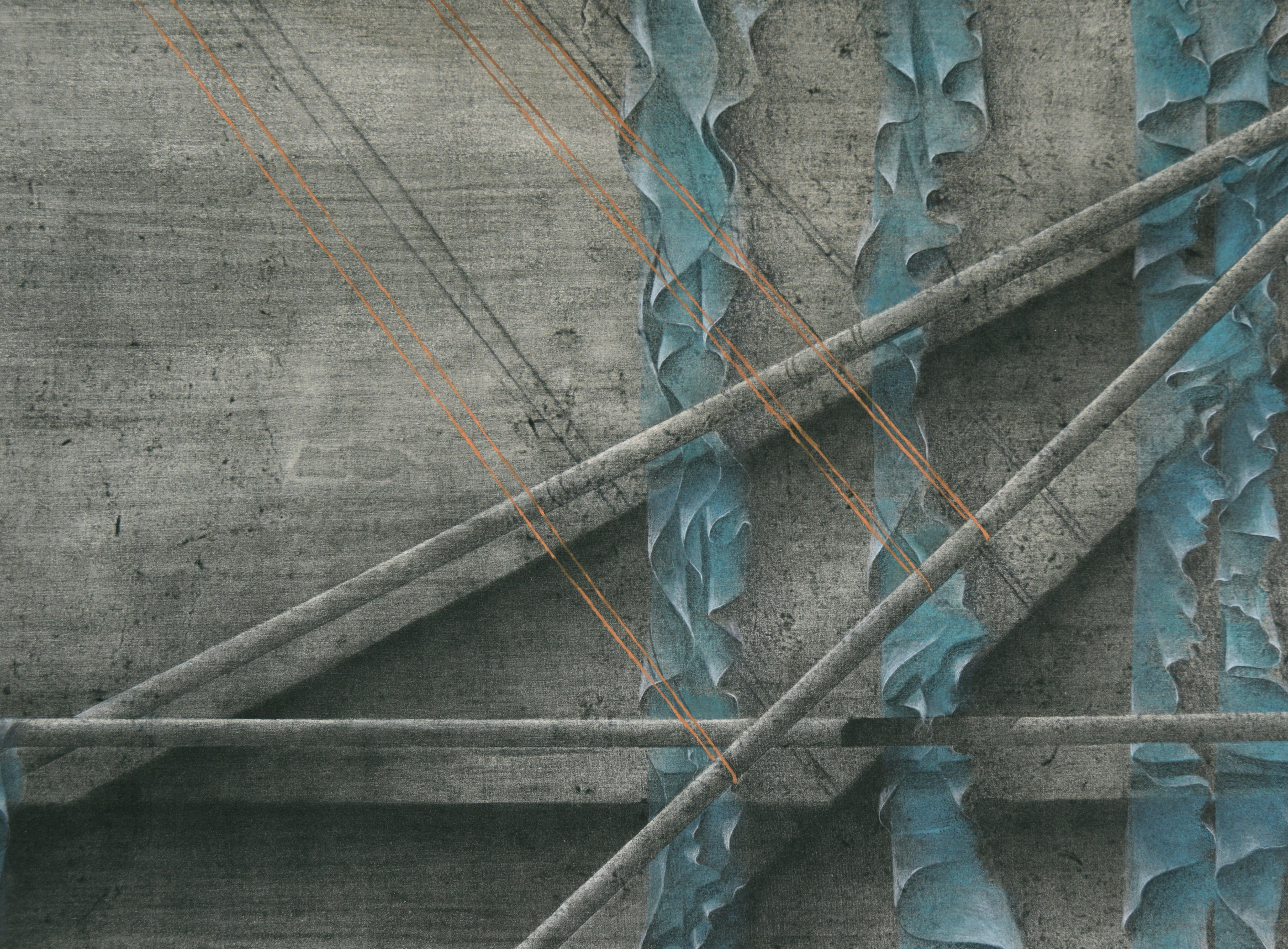 Teal Ribbons and Bronze Thread - Photorealistic Drawing

Highly detailed drawing by Patricia Pearce (American, b. 1948). The base layer of this piece is a collotype, but the ribbons and thread have been drawn on top in painstaking detail. Subtle