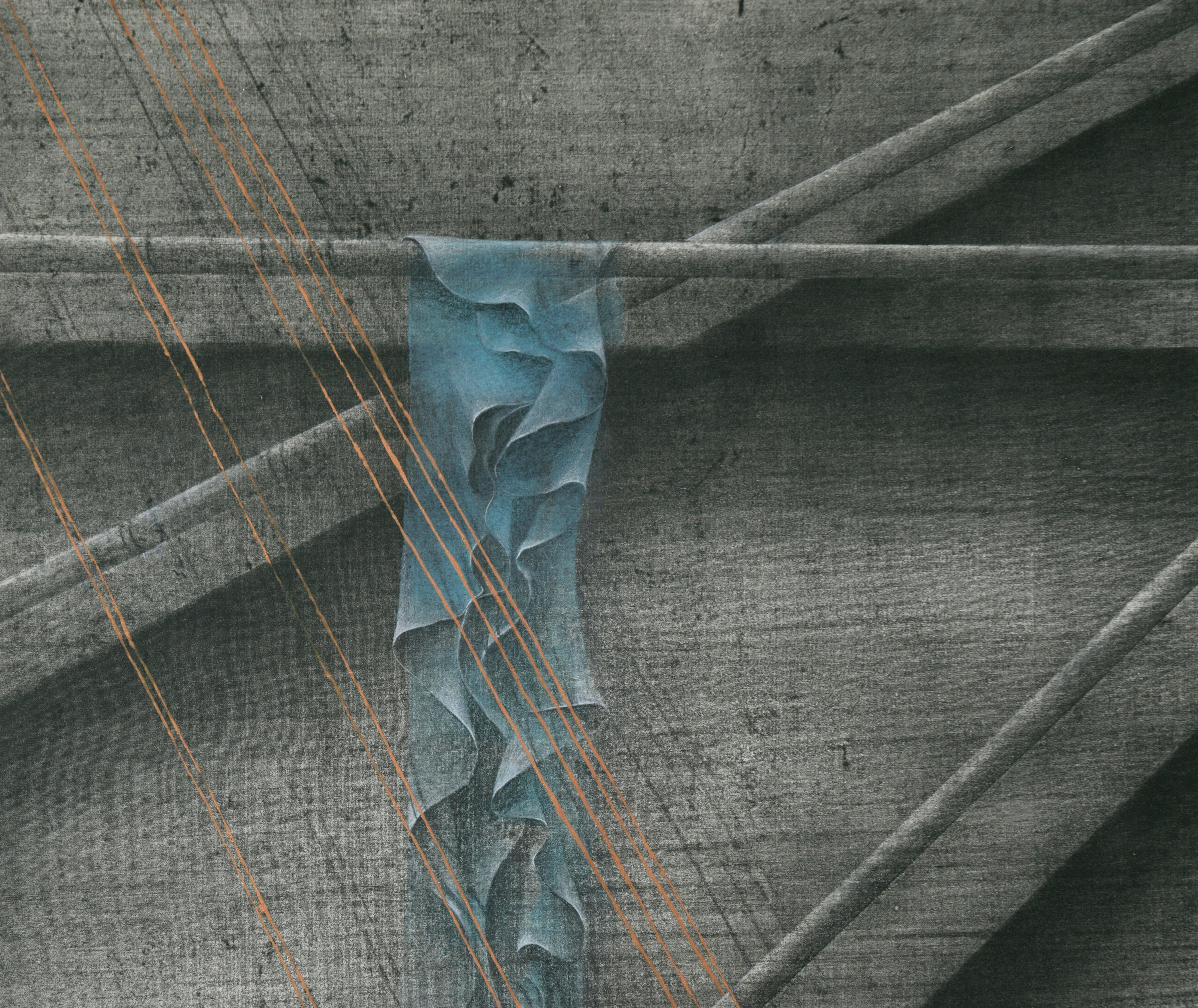 Teal Ribbons and Copper Thread - Photorealistic Drawing on Collotype  For Sale 2