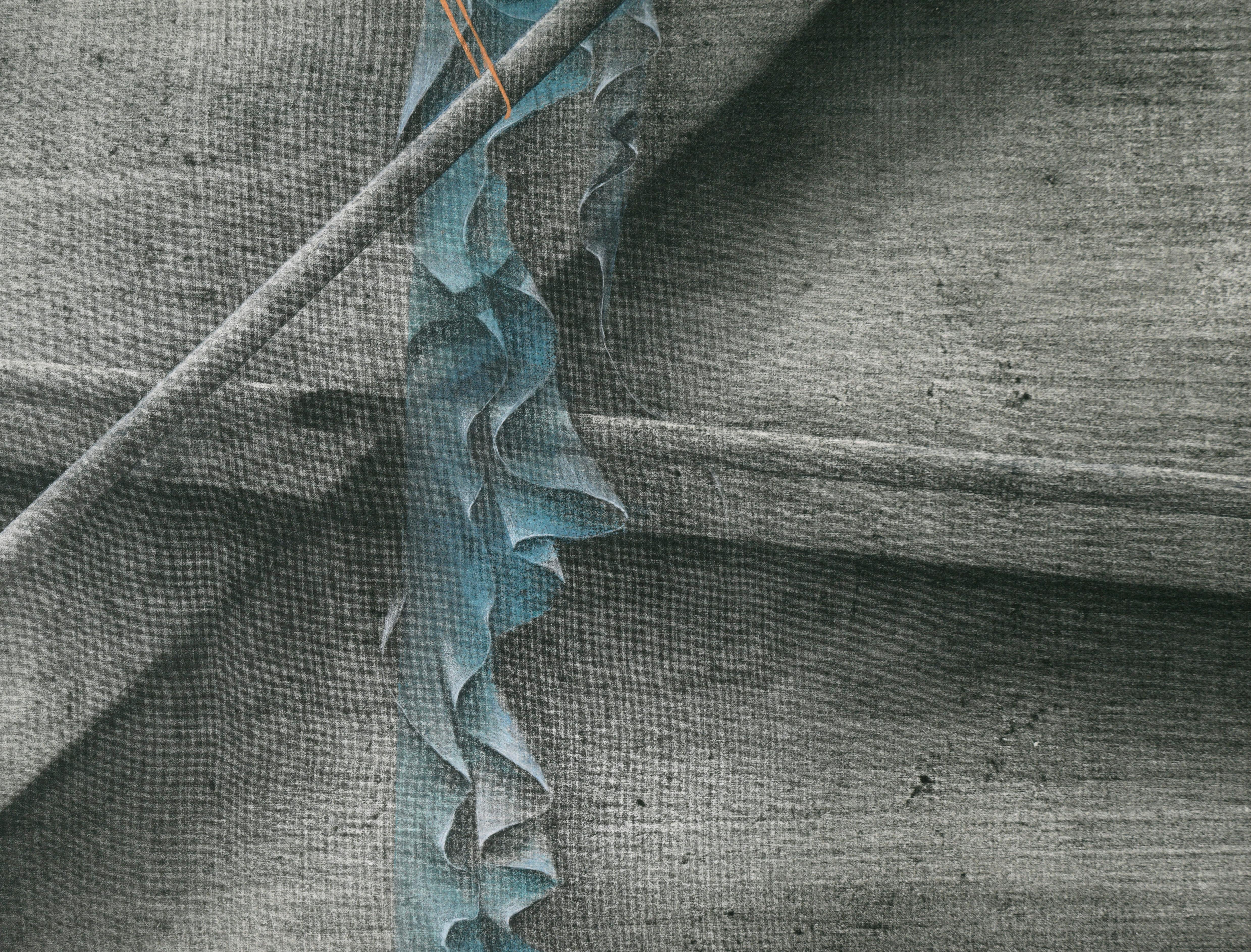 Teal Ribbons and Copper Thread - Photorealistic Drawing on Collotype  For Sale 4