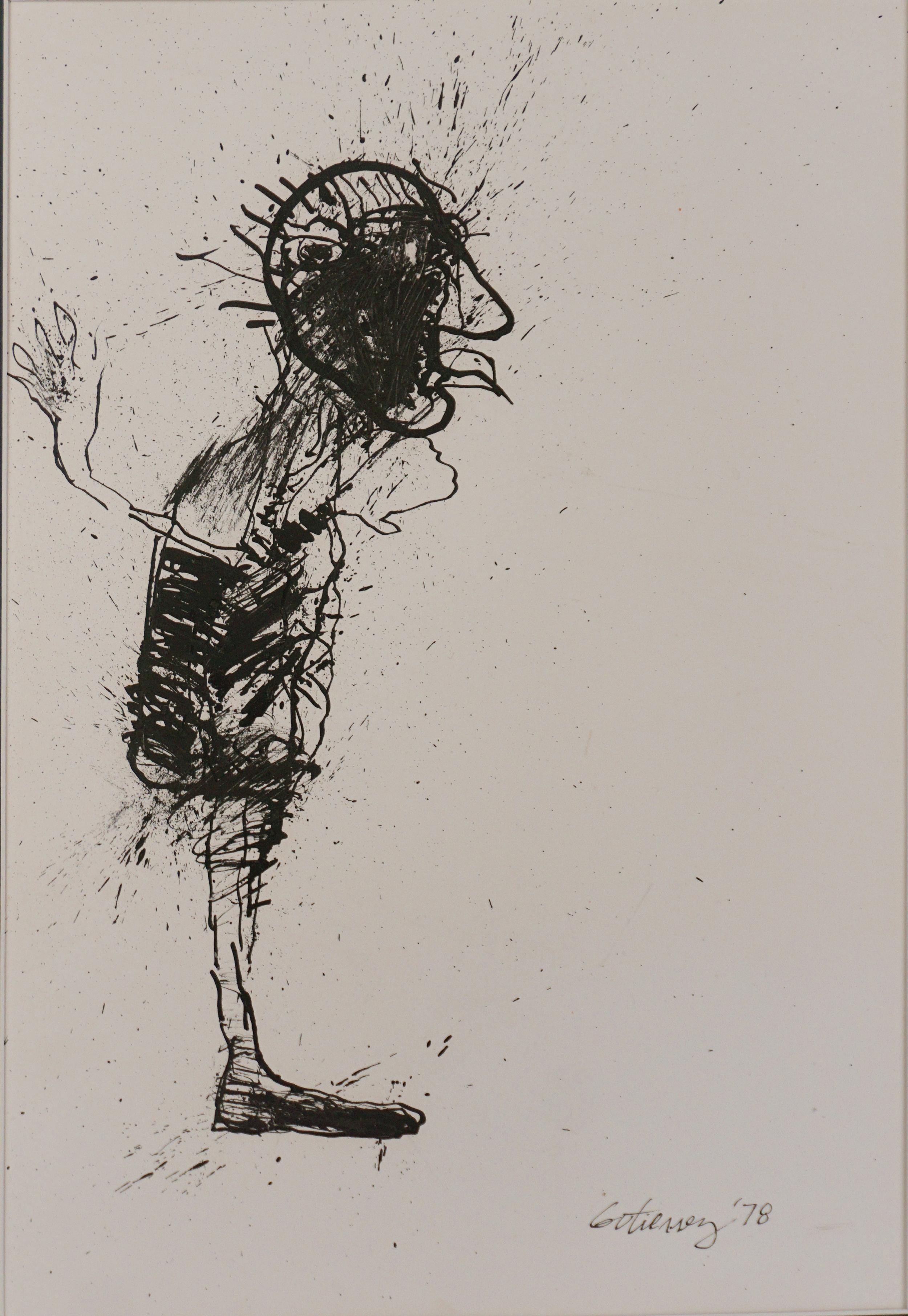 Vintage Abstracted Expressionist Figurative Ink Drawing -- 