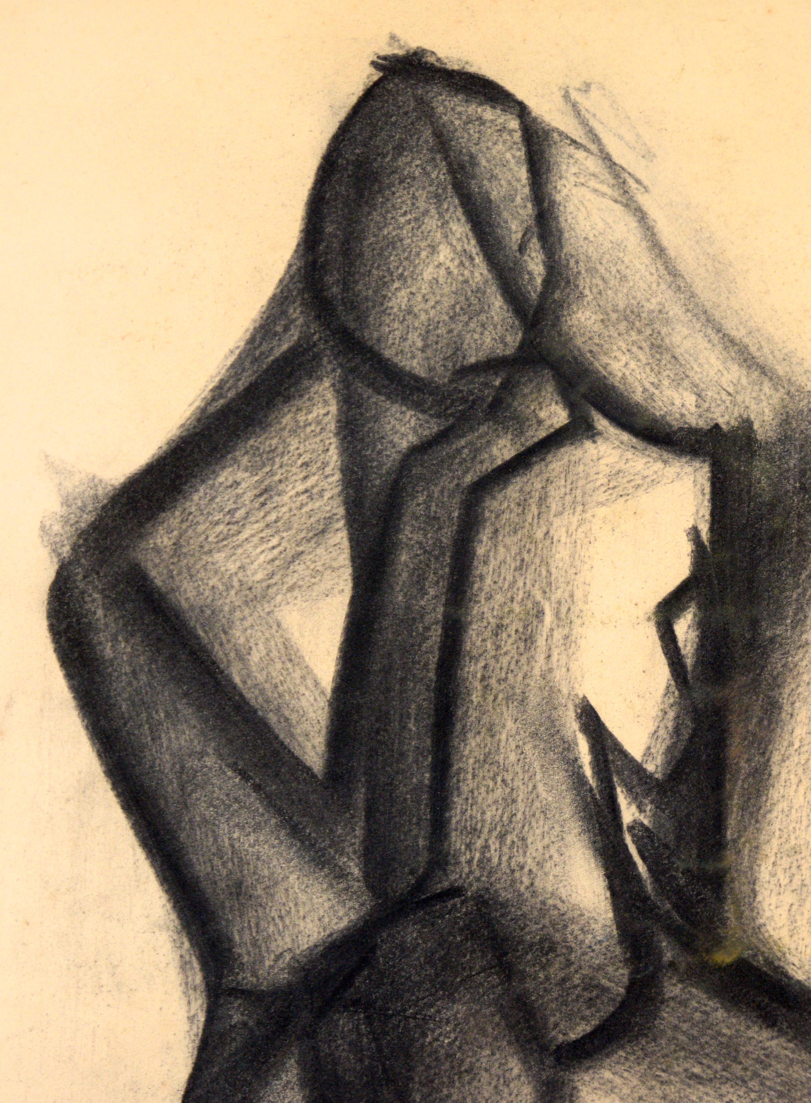 Cubist Charcoal Figure Drawing on Paper - Art by Unknown