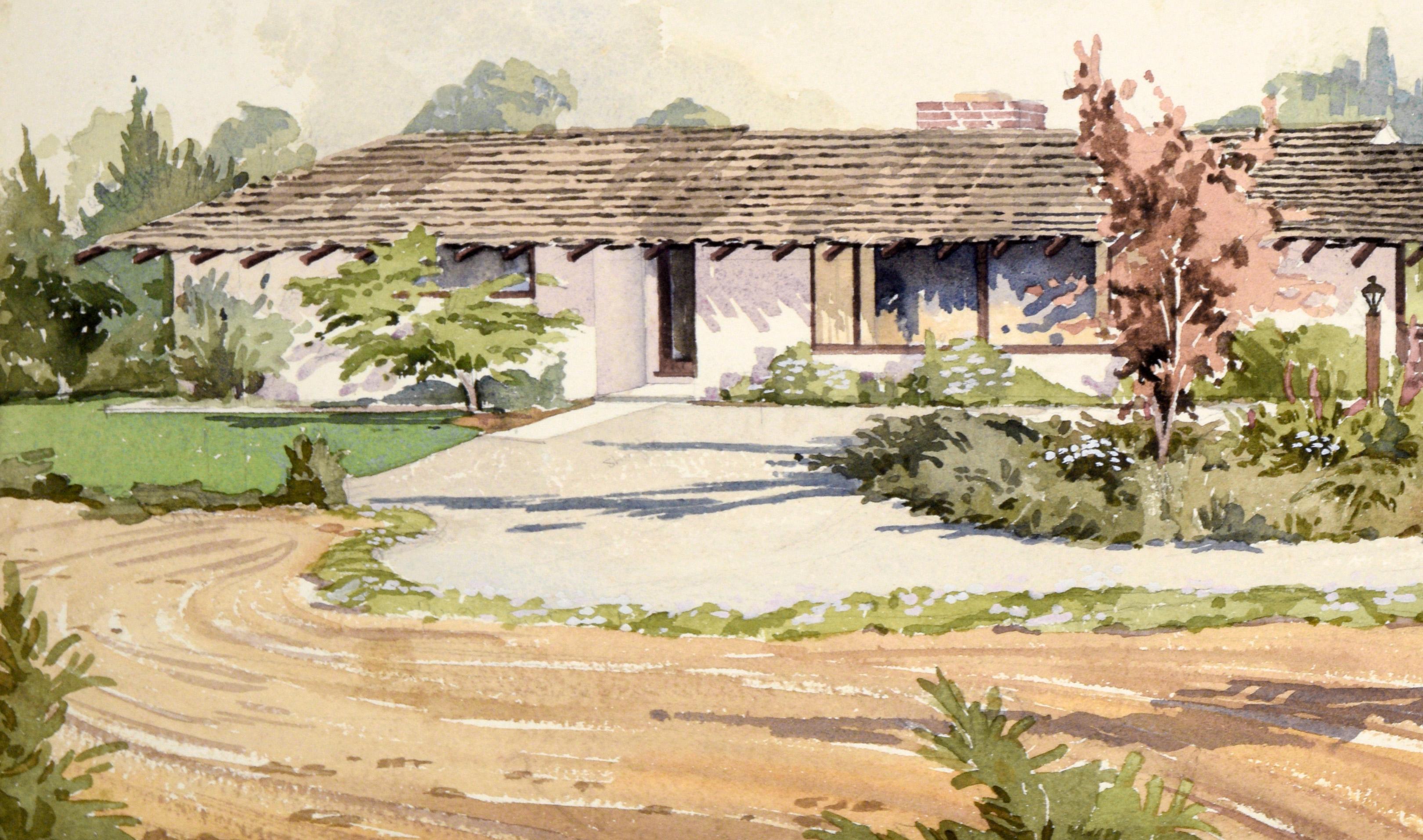 California Ranch Original Watercolor Landscape 

A beautiful Ranch-style, single-story home with low pitched rooftops and a weather vane adorned cuplola is depicted in subdued watercolors, by California artist, George Alfred Morrison (American,