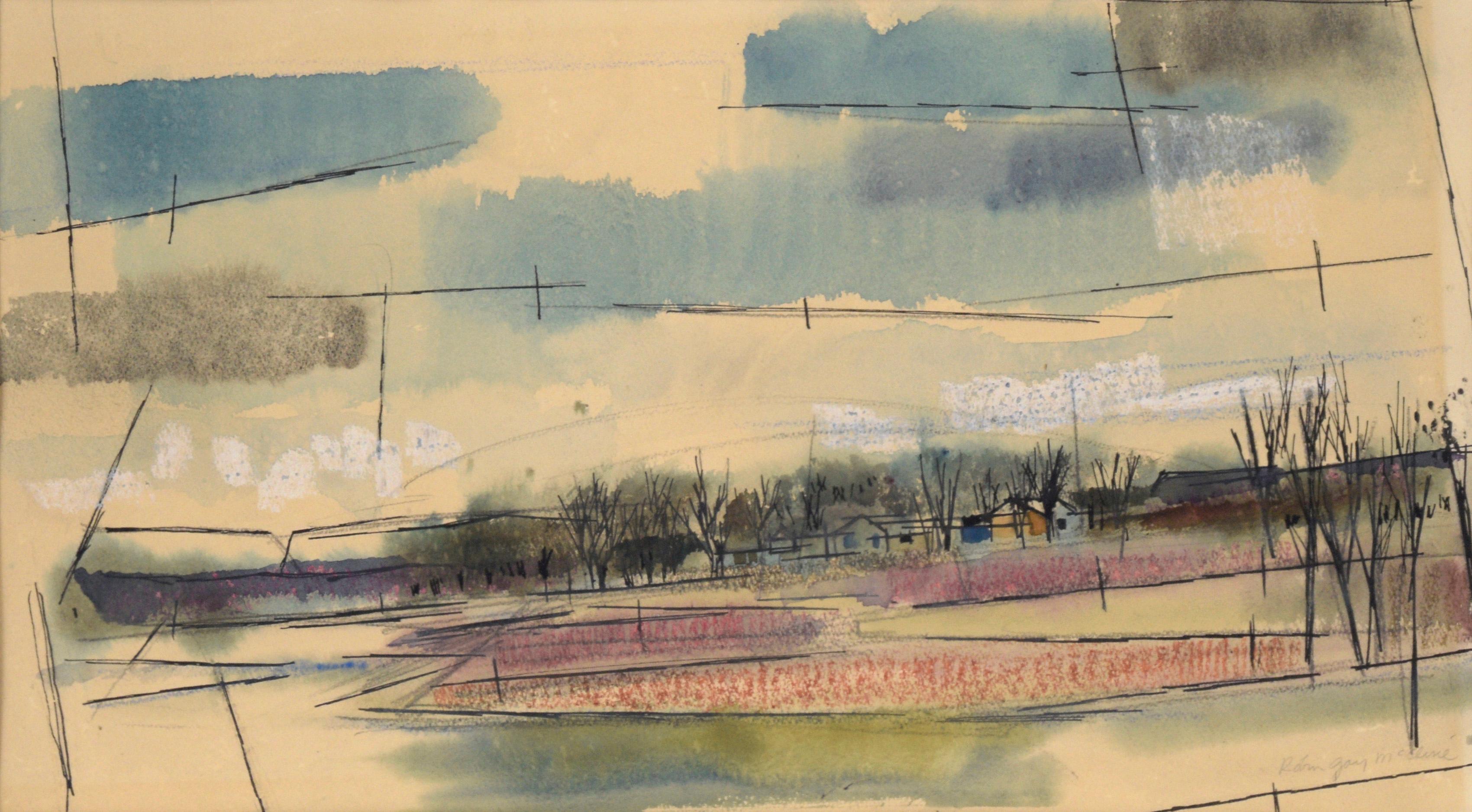 Mid Century Modern Farmhouse Landscape in Watercolor and Ink on Paper - Art by Robin Gay McCline