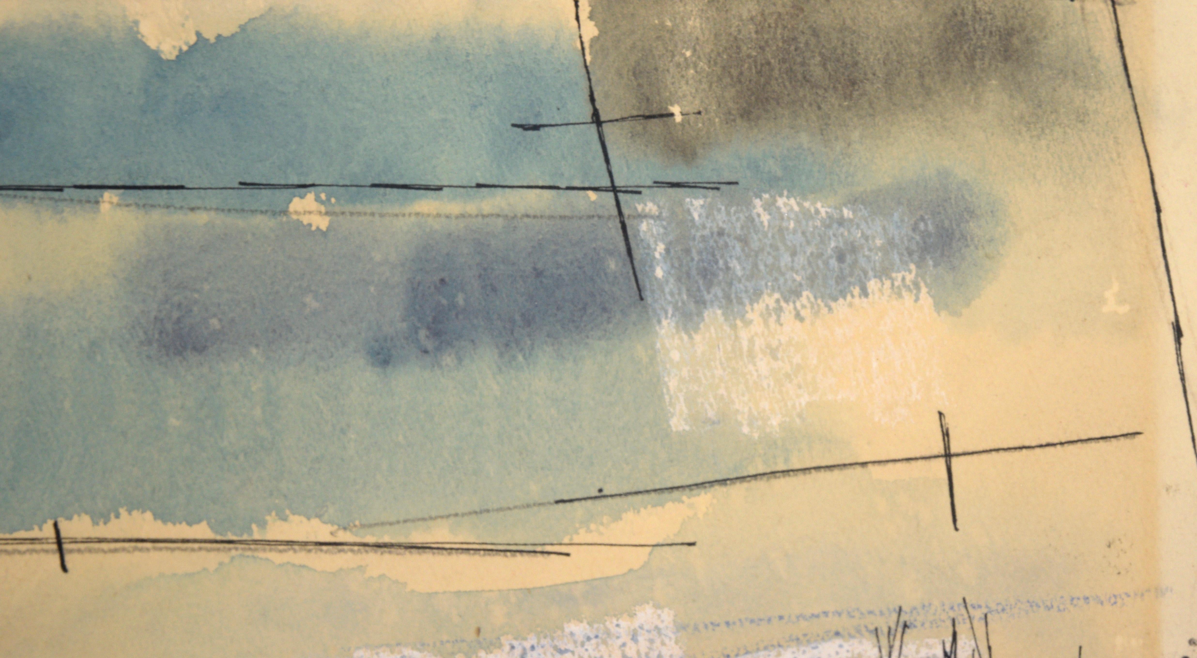 Paysage de ferme moderne du milieu du siècle dernier, aquarelle et encre sur papier

Paysage moderne et lumineux de Robin Gay McCline (américaine, 1928-2008). Une ligne d'arbres et de bâtiments traverse le centre de la composition. Au premier plan,