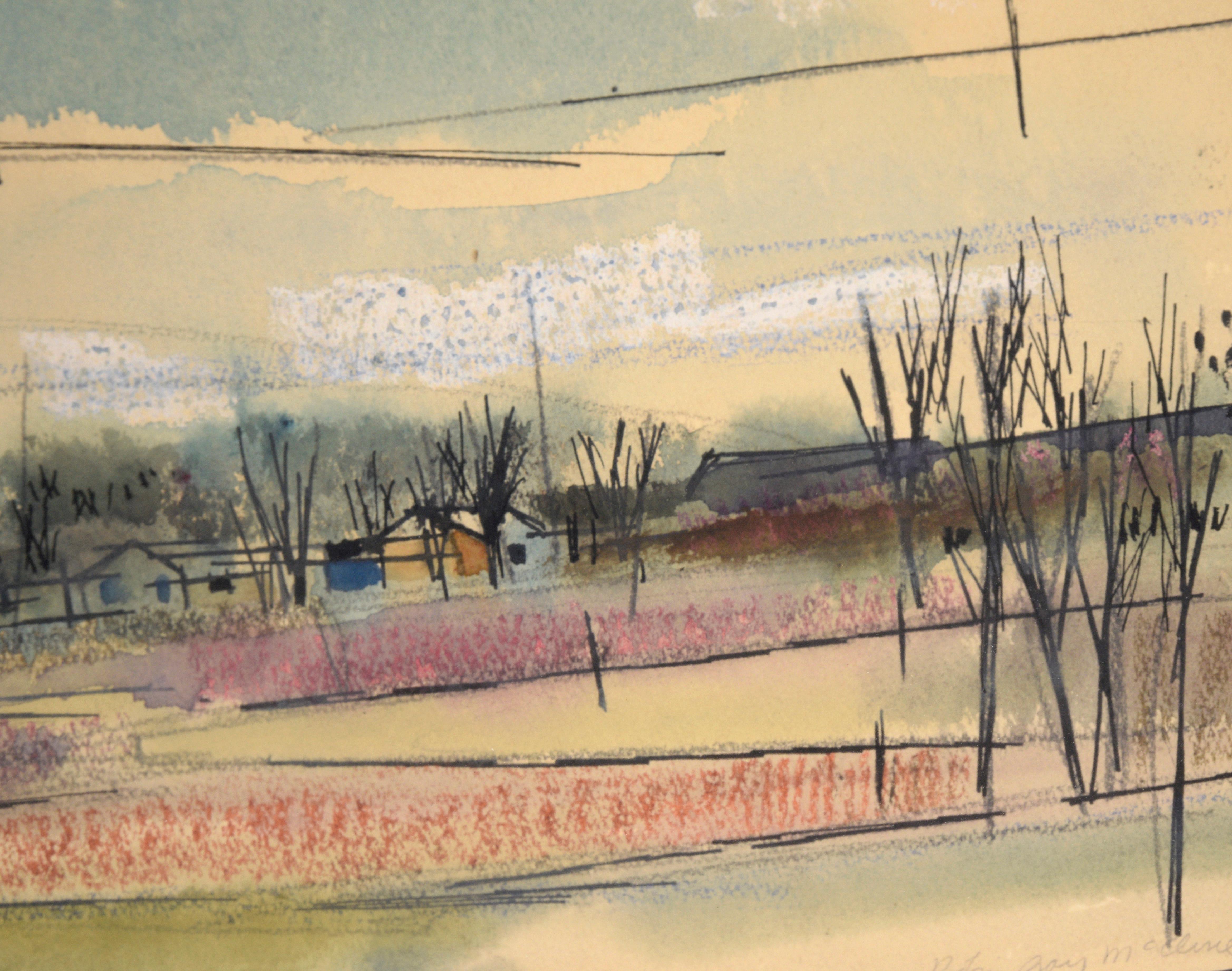Mid Century Modern Farmhouse Landscape in Watercolor and Ink on Paper For Sale 1