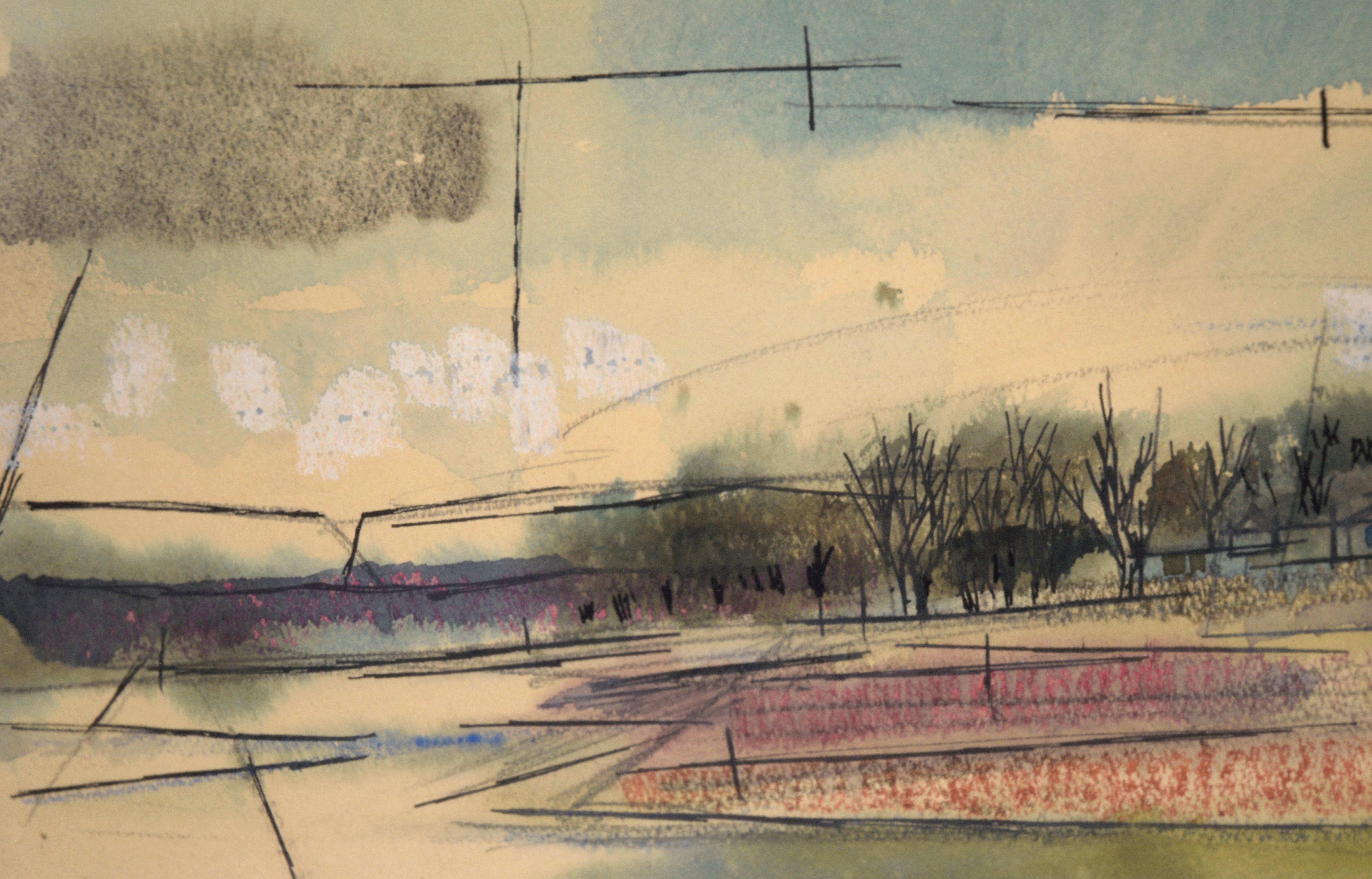 Mid Century Modern Farmhouse Landscape in Watercolor and Ink on Paper For Sale 2