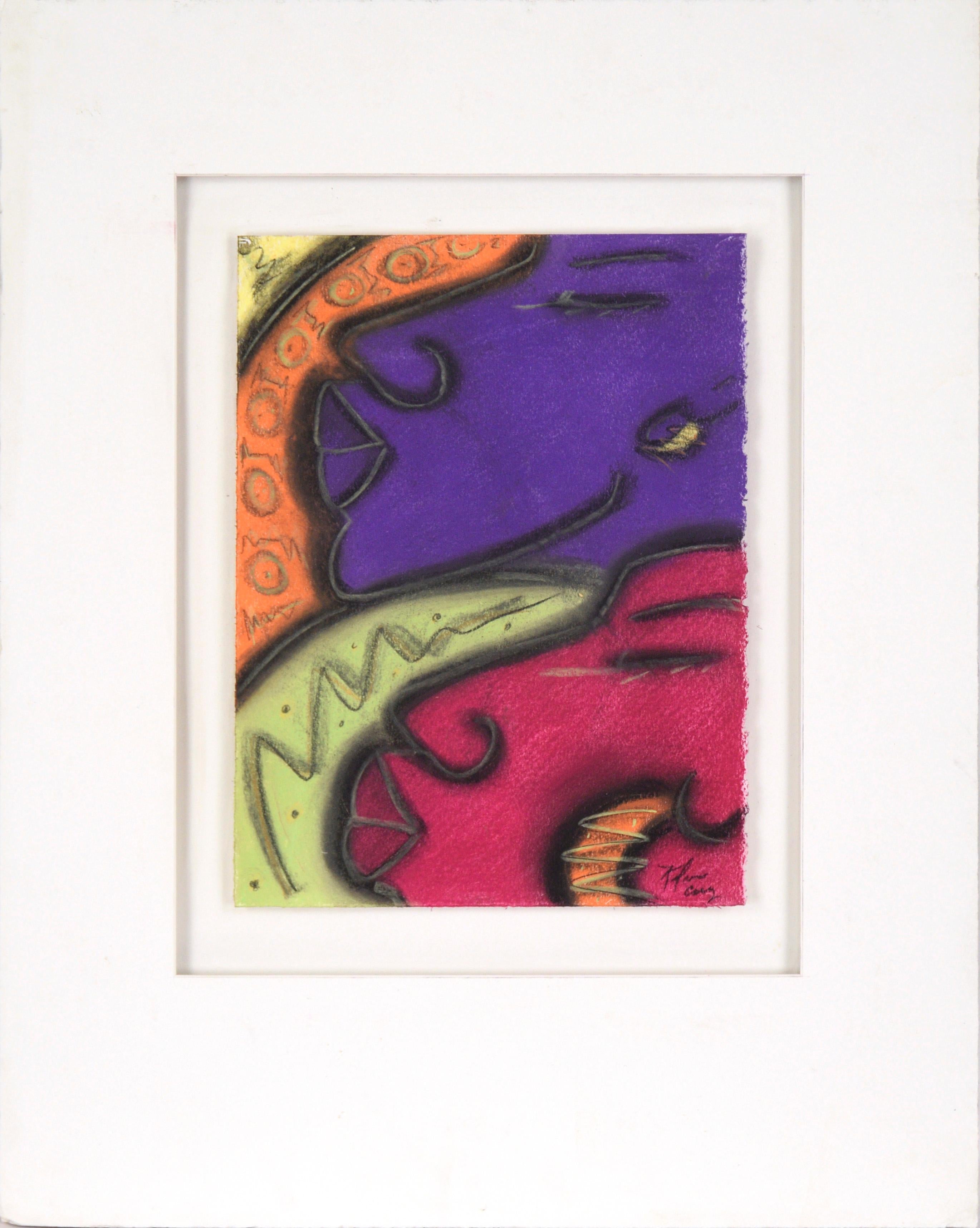 Abstract Drawing Kelvin Curry - Deux visages (pourpre et magenta) au pastel sur papier