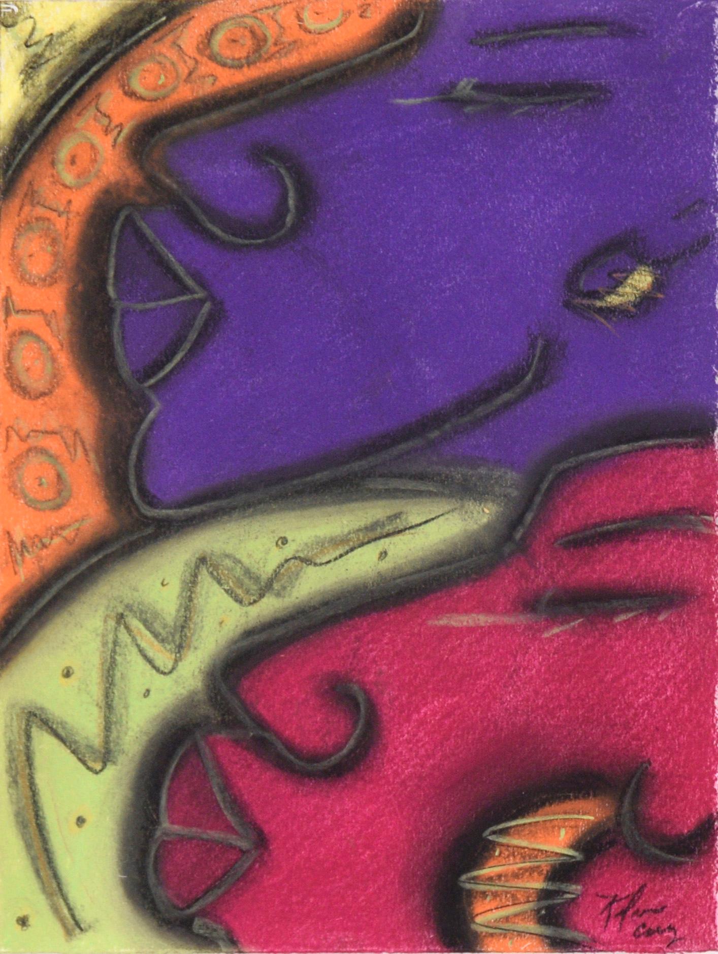 Deux visages (pourpre et magenta) au pastel sur papier - Art de Kelvin Curry