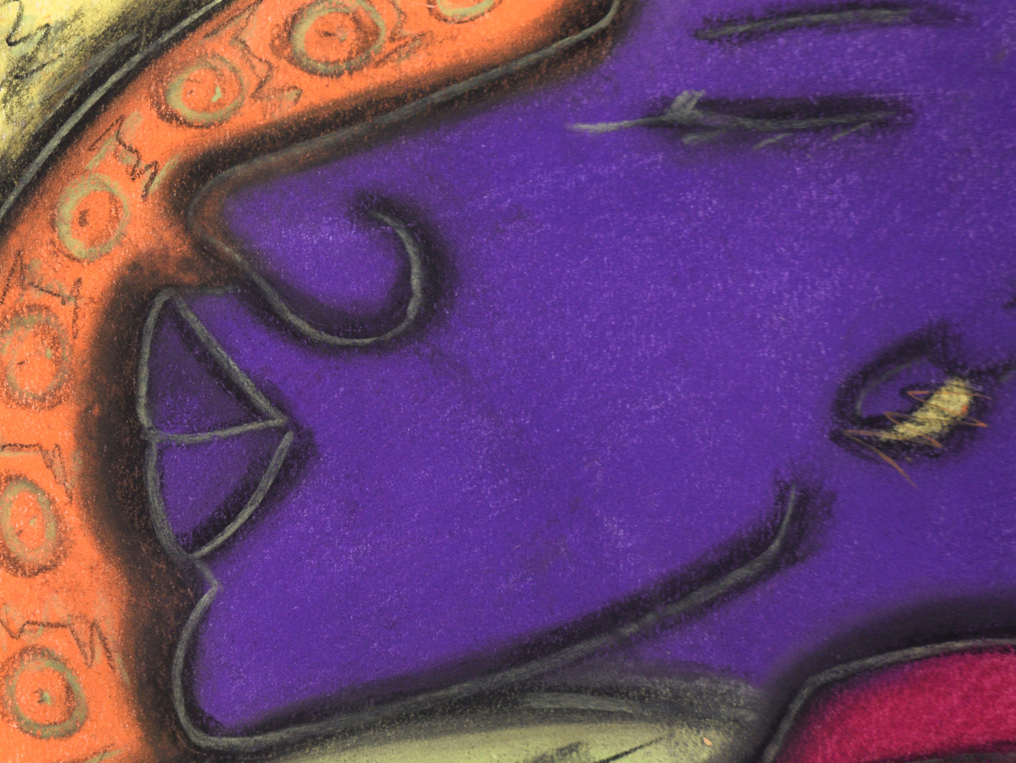 Zwei Gesichter (Purple and Magenta) in Pastell auf Papier (Postmoderne), Art, von Kelvin Curry