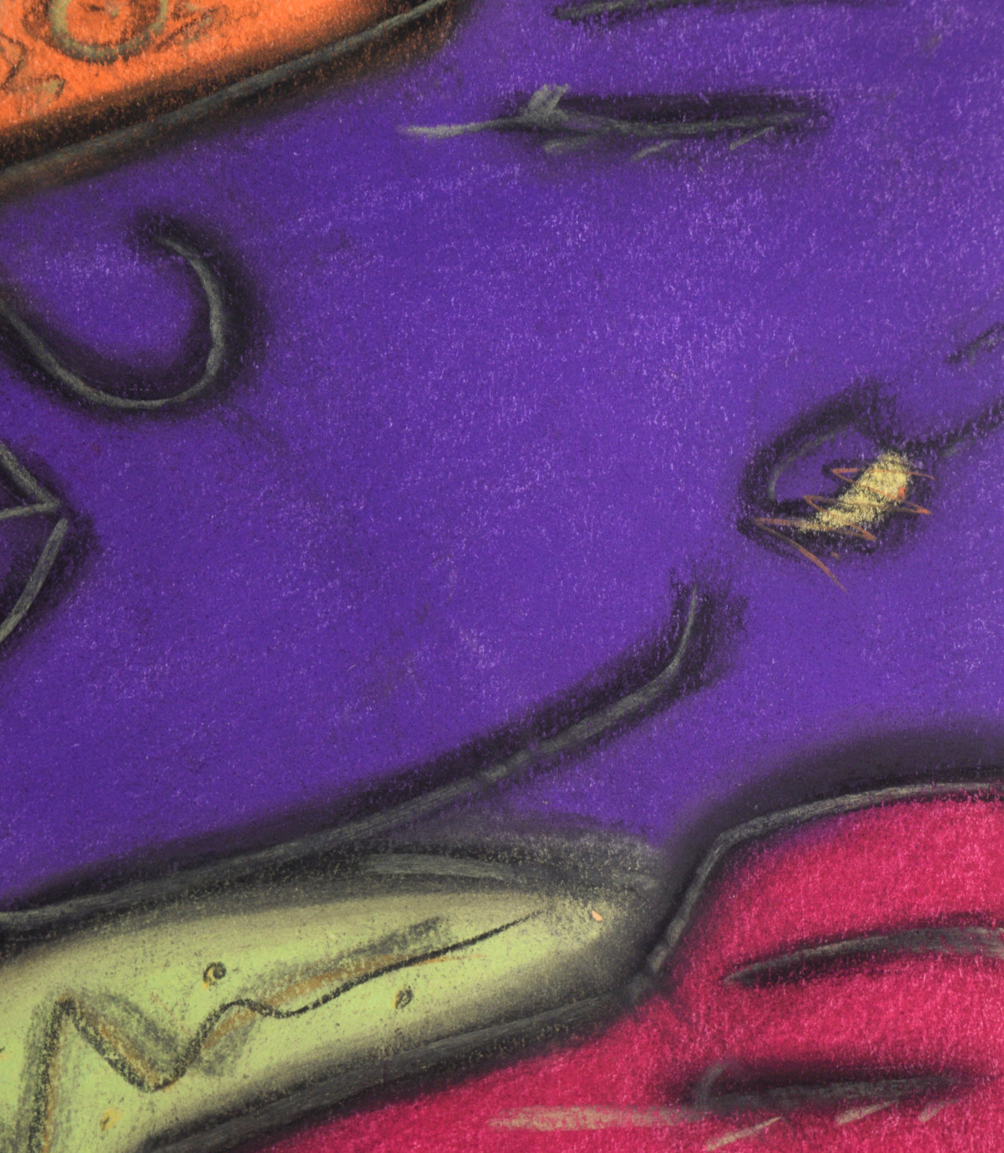 Deux visages (pourpre et magenta) au pastel sur papier

Visages aux couleurs vives de l'artiste de la Bay Area, Kelvin Curry (américain, 20e siècle). Deux visages sont représentés de profil, regardant vers la gauche. Elles sont de couleurs vives -
