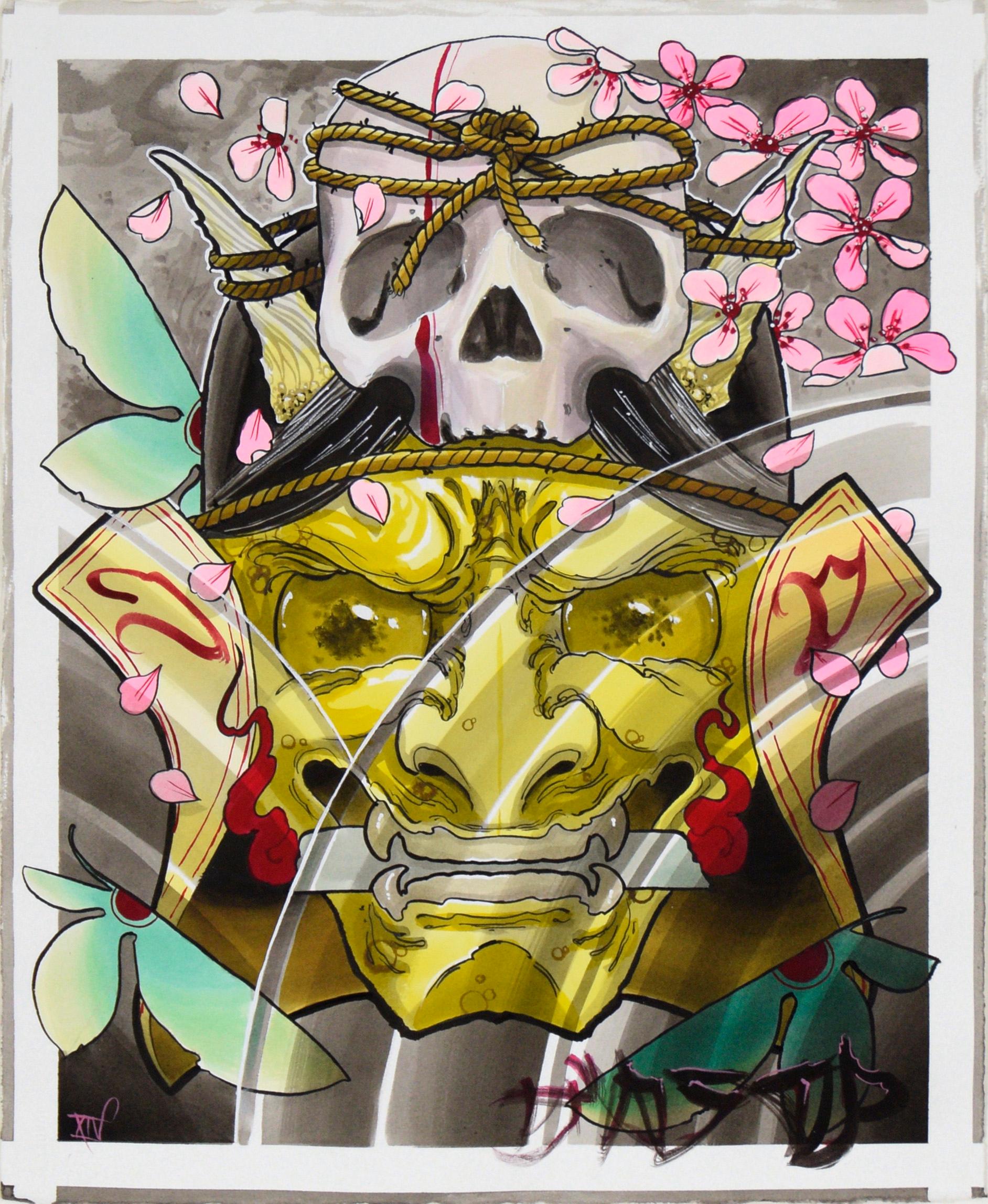 Demon Maske mit Totenkopf Helm im neojapanischen Stil mit Totenkopf Helm – Art von Unknown