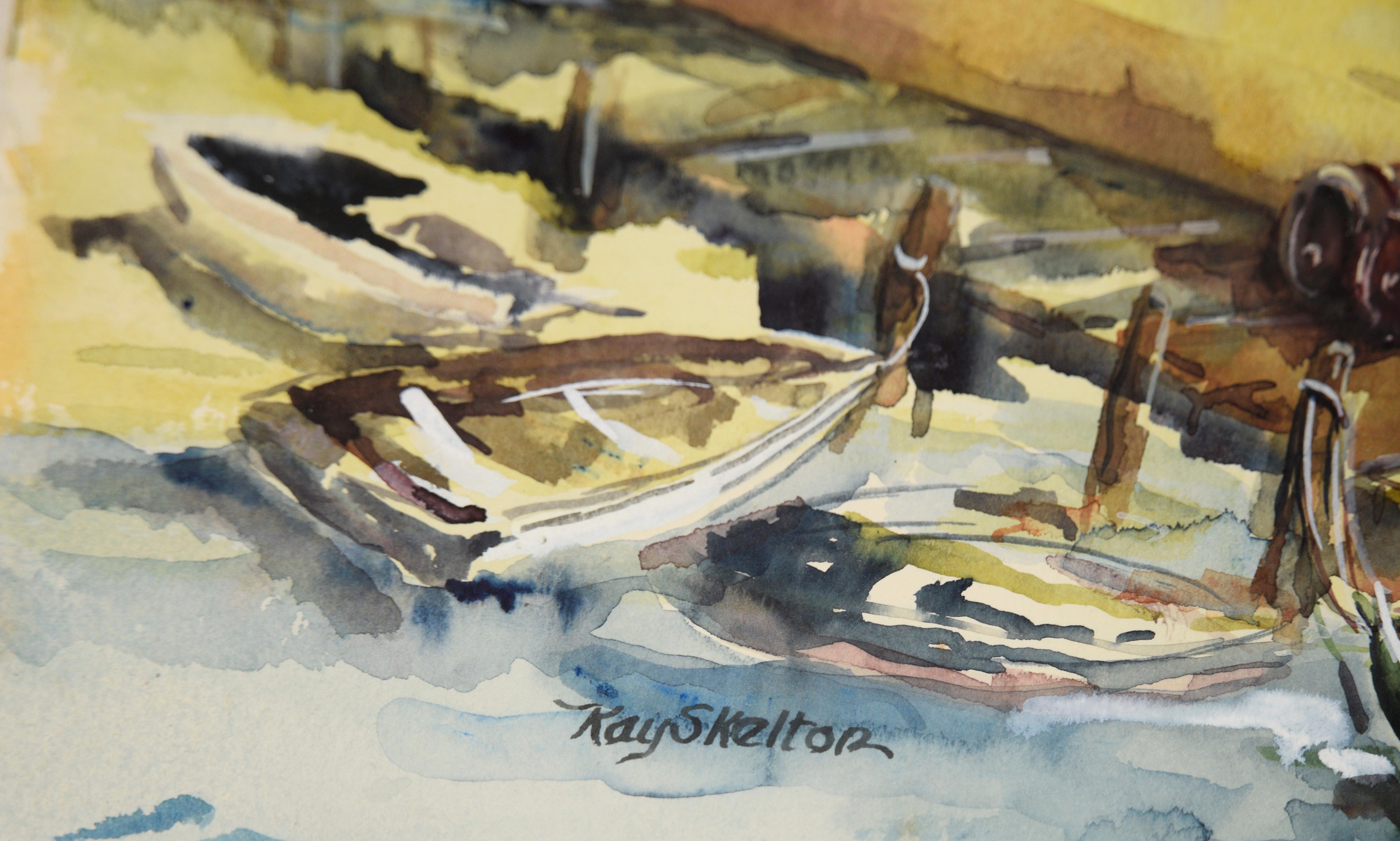 Lou's Landing - Original Watercolor On Paper

Original watercolor on paper by Ray Skelton (American 20th c.), depicting a boat harbor with numerous boats tied up, some sailing. Lou's Landing bait shop sits at the harbors edge. 

Signed 