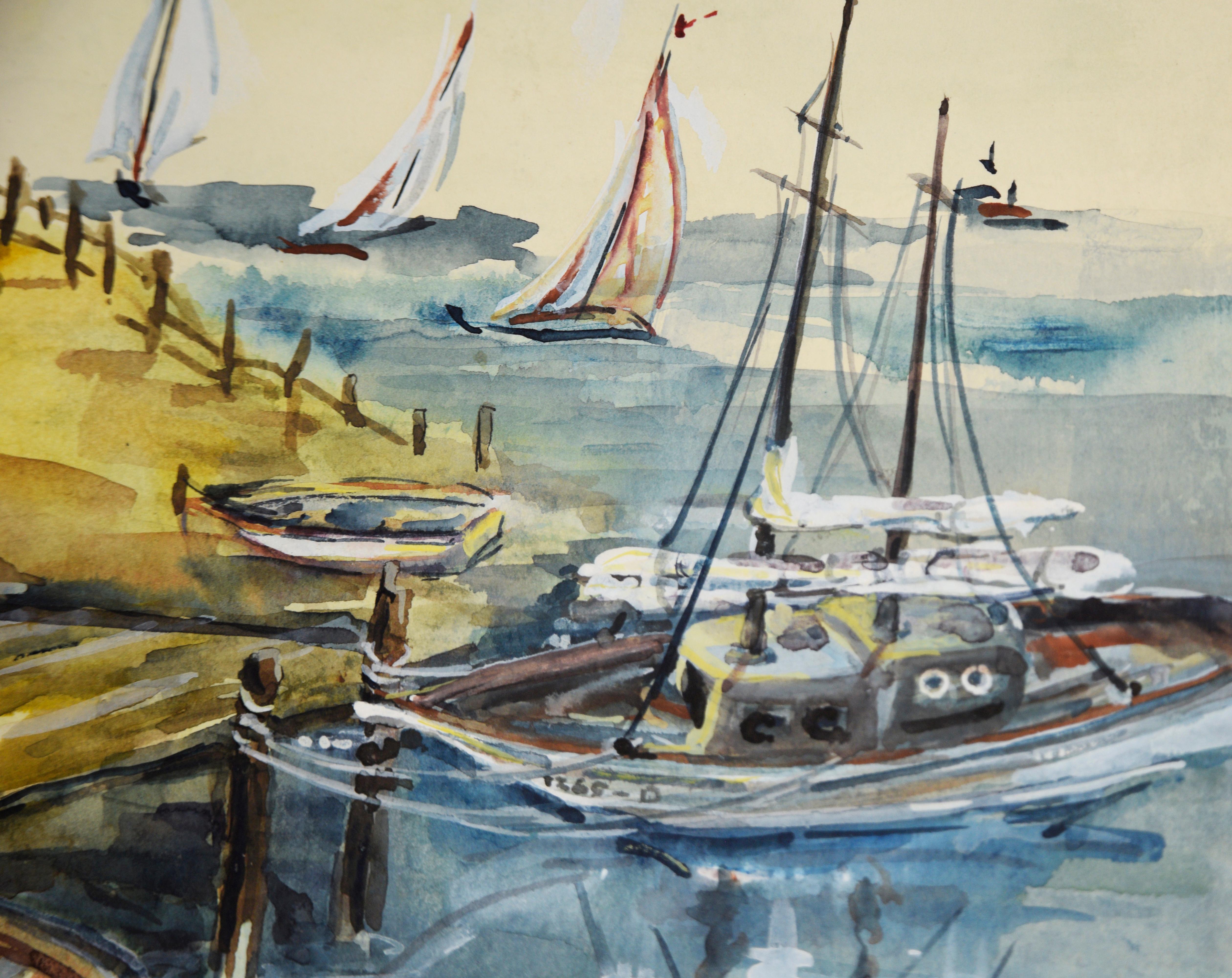 Lou's Landing - Aquarelle originale sur papier

Aquarelle originale sur papier de Ray Skelton (américain, 20e s.), représentant un port de plaisance avec de nombreux bateaux attachés, certains naviguant. Le magasin d'appâts Lou's Landing se trouve