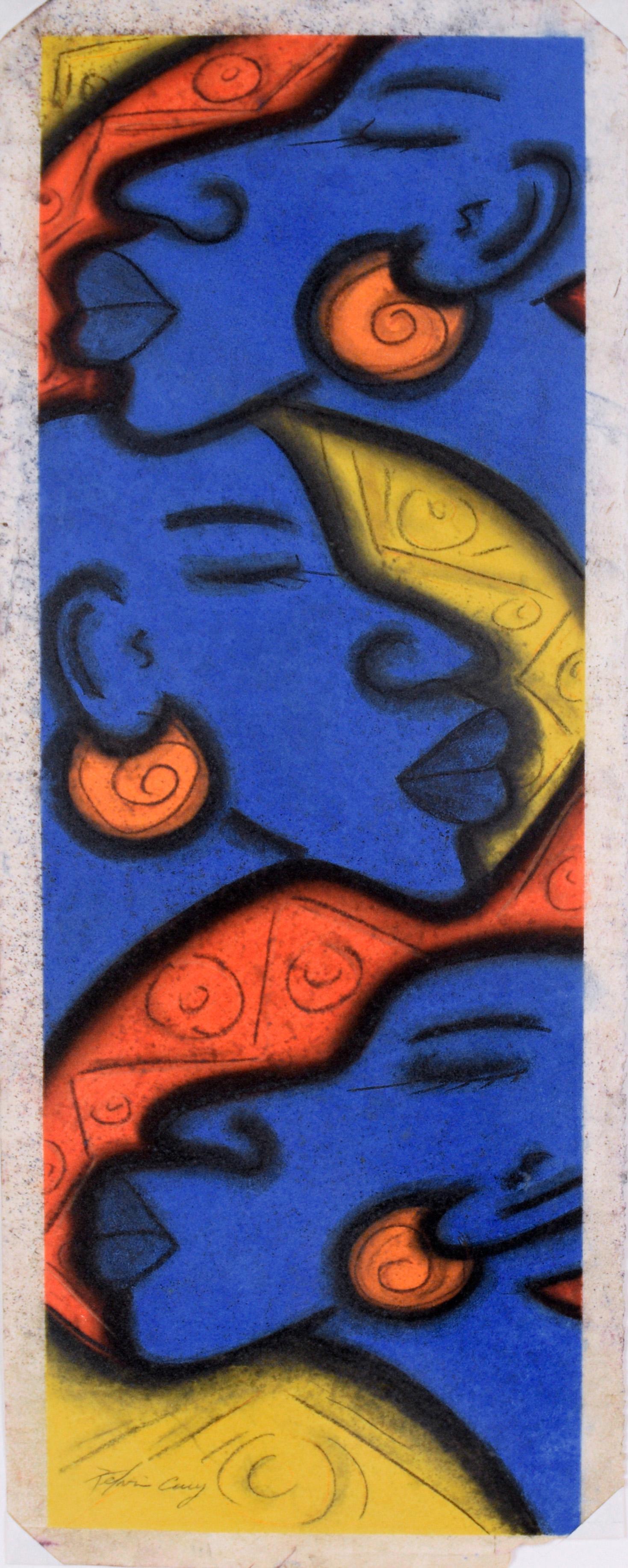 Drei Frauen mit Ohrringen in Pastell auf Papier (Abstrakt), Art, von Kelvin Curry