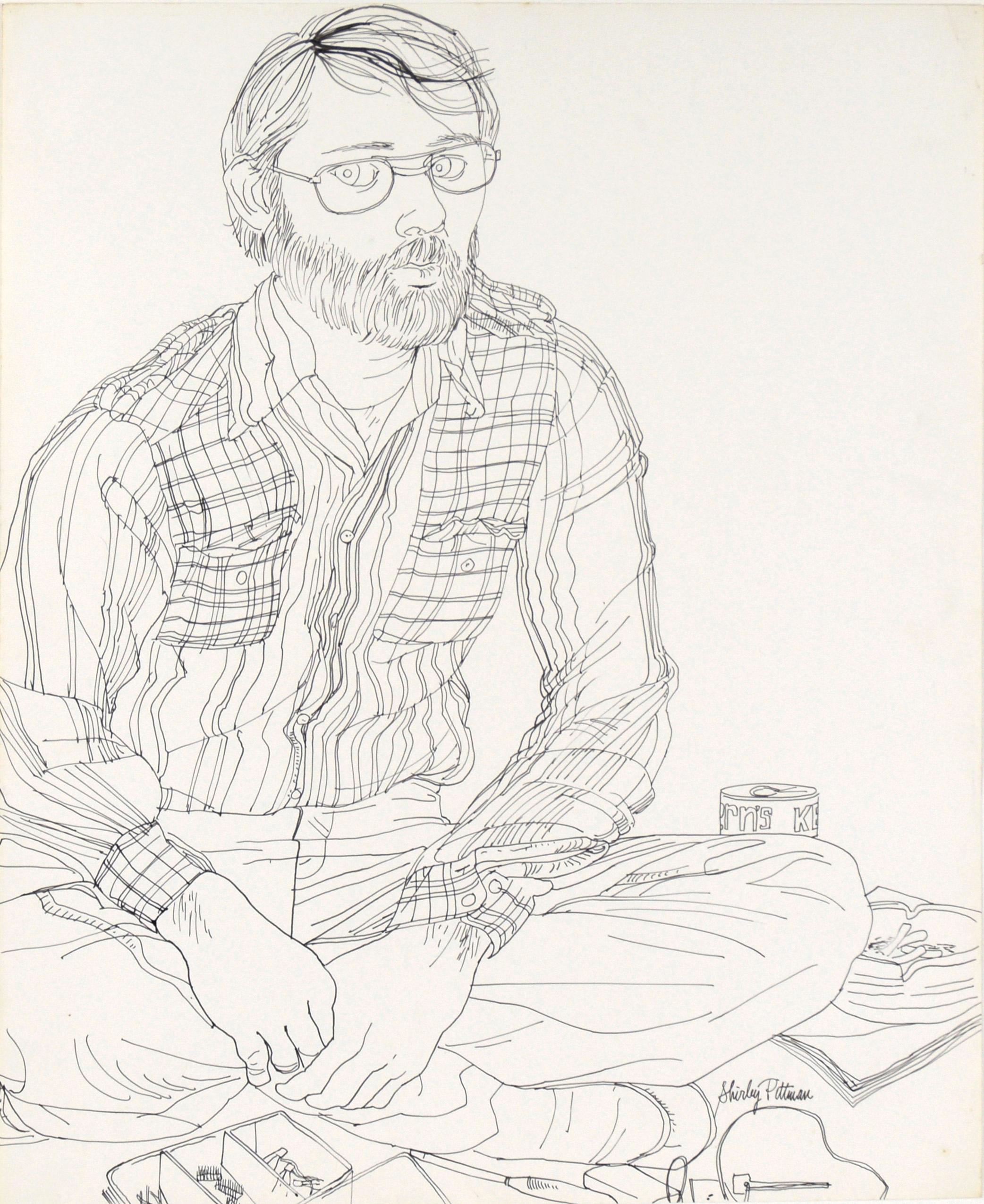 Portrait of a Man in a Flannel Shirt in Ink on Paper - American Impressionist Art by Shirley Pittman
