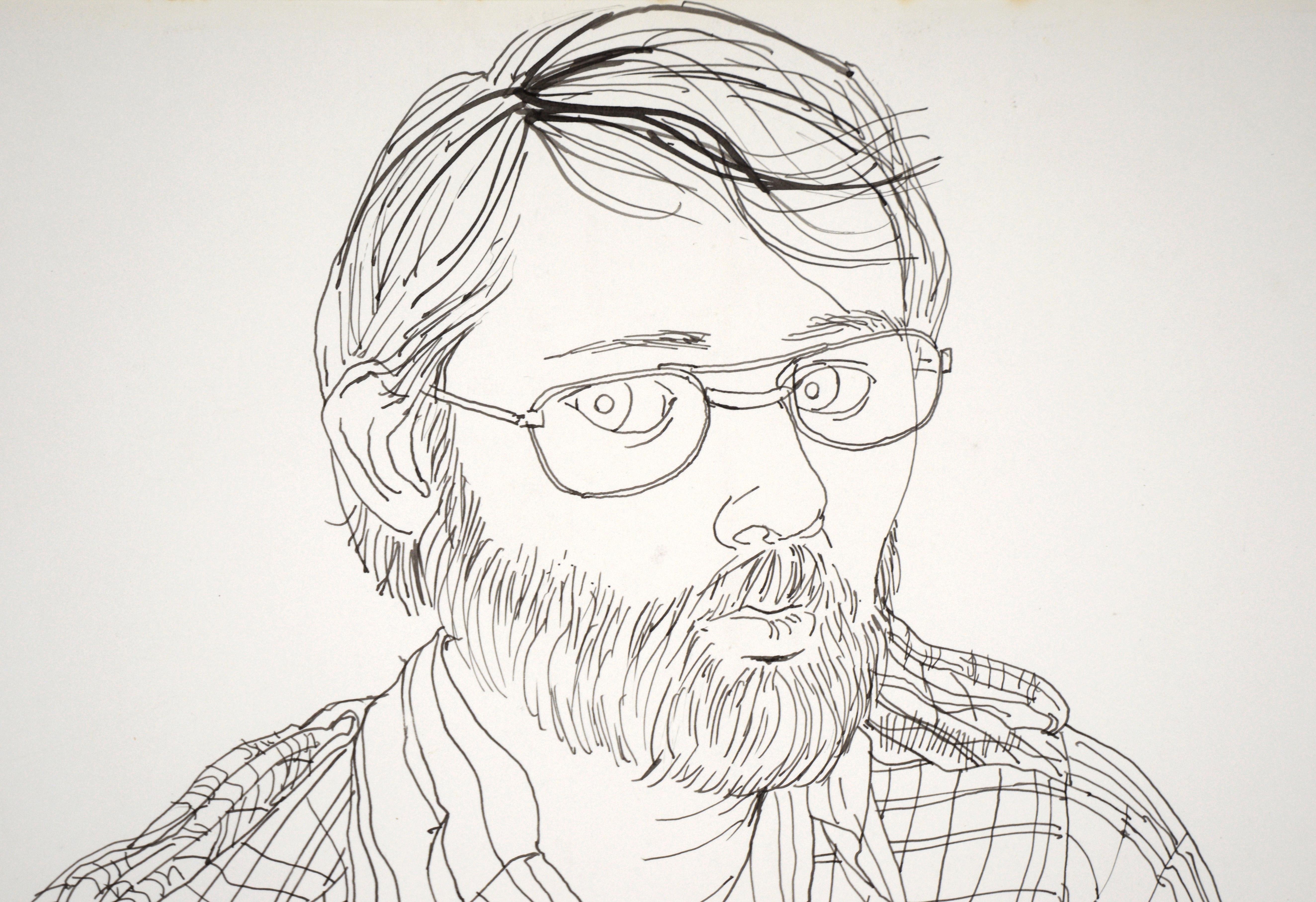 Portrait of a Man in a Flannel Shirt in Ink on Paper

Expressive line drawing of a man by Shirley Pittman (American, 1929-2013). He is sitting, cross legged, with a drink and an ashtray nearby. He has a beard, and is wearing glasses and a flannel