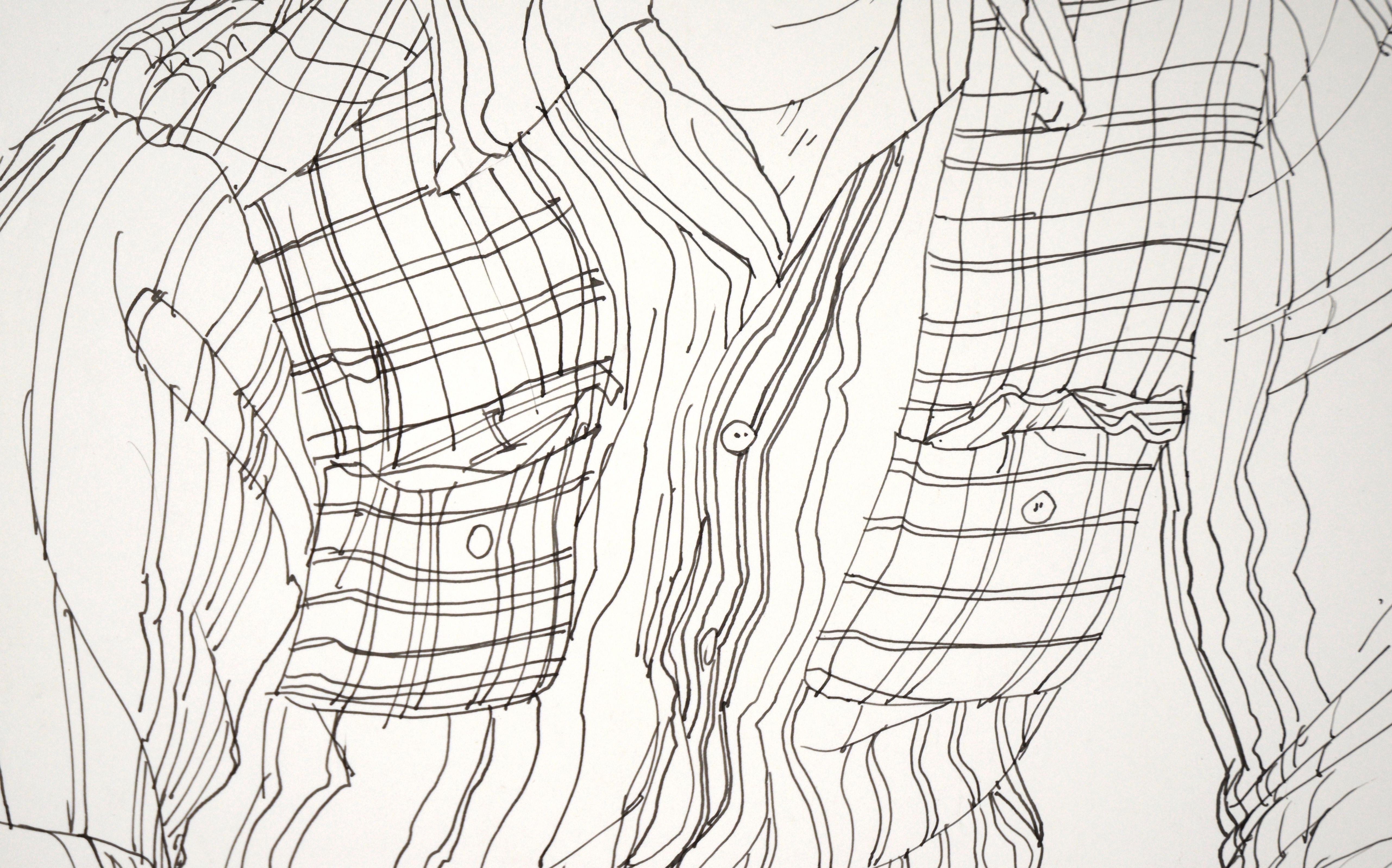 Portrait of a Man in a Flannel Shirt in Ink on Paper For Sale 1