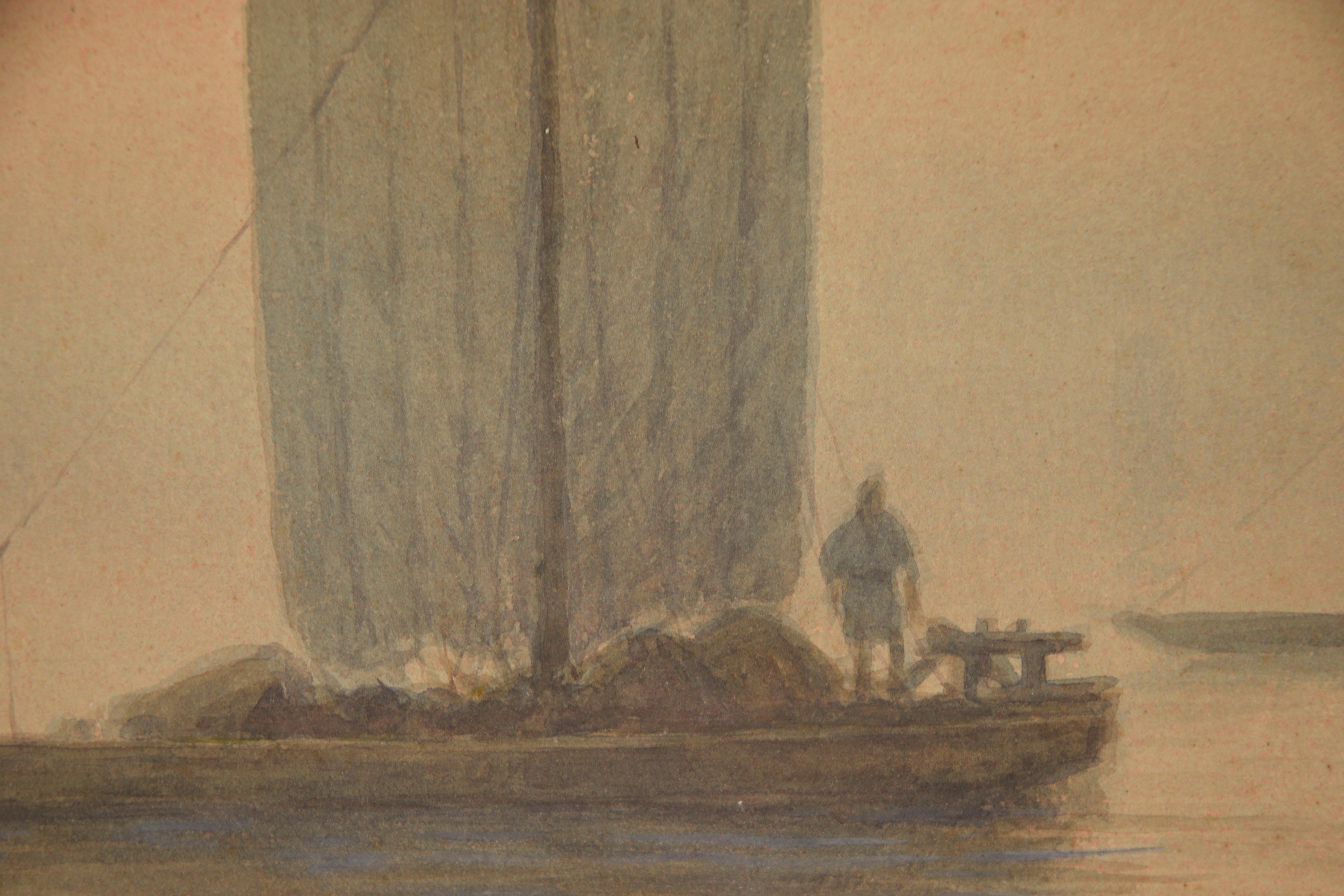 Boats at Dawn - Aquarelle et gouache originales sur carton 2