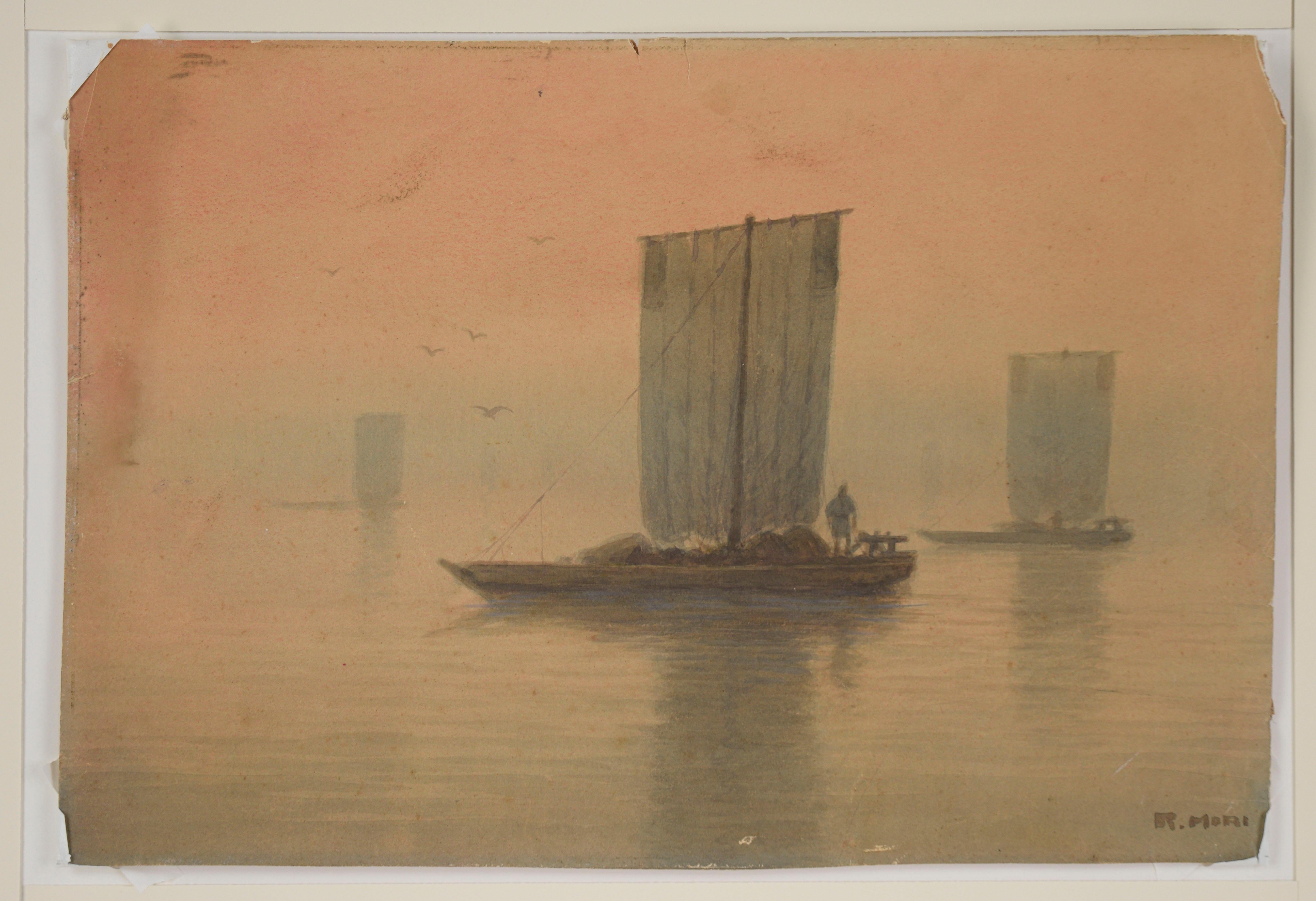 Boats at Dawn - Aquarelle et gouache originales sur carton - Painting de Kinseki Mori