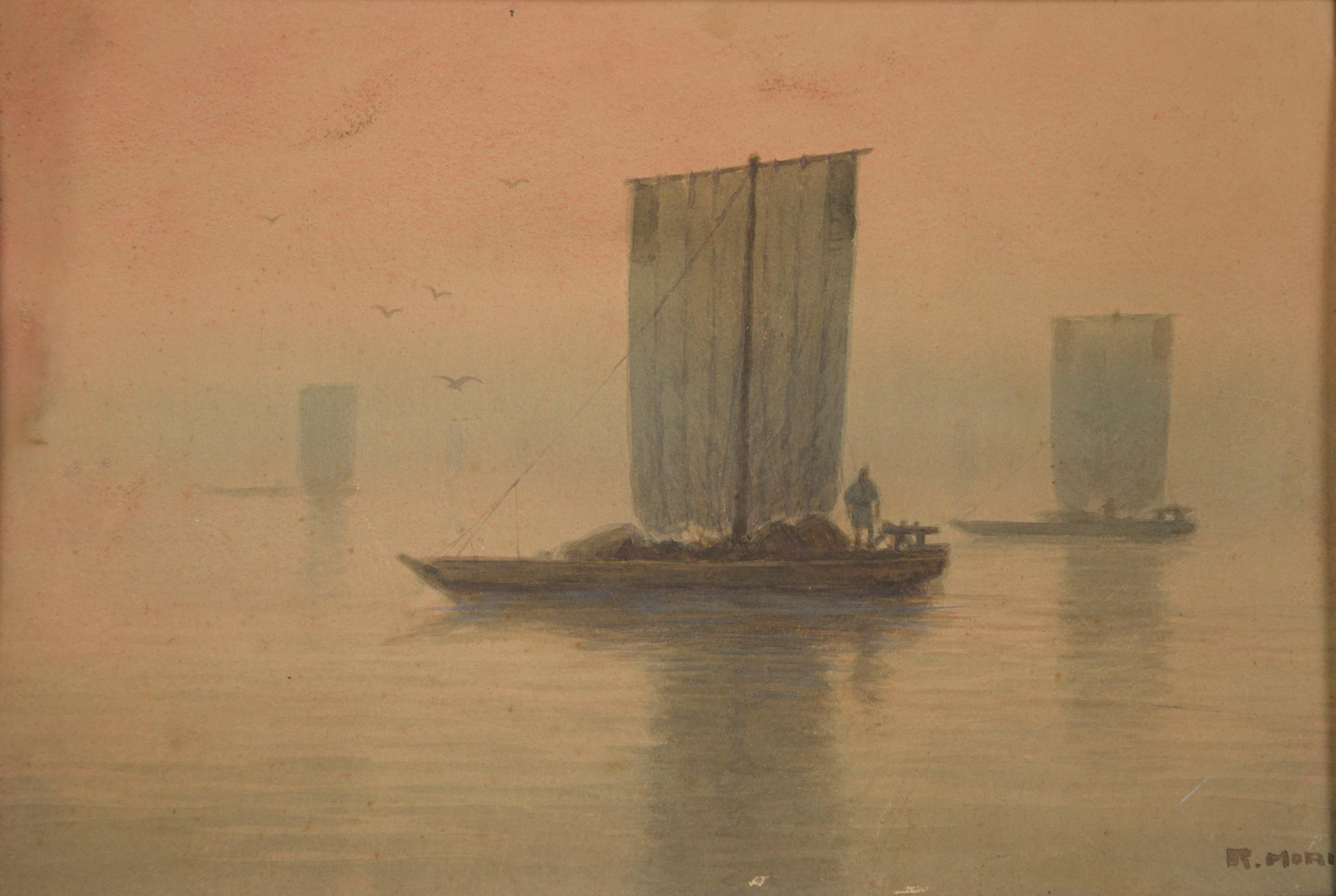 Boats at Dawn - Aquarelle et gouache originales sur carton - École française Painting par Kinseki Mori