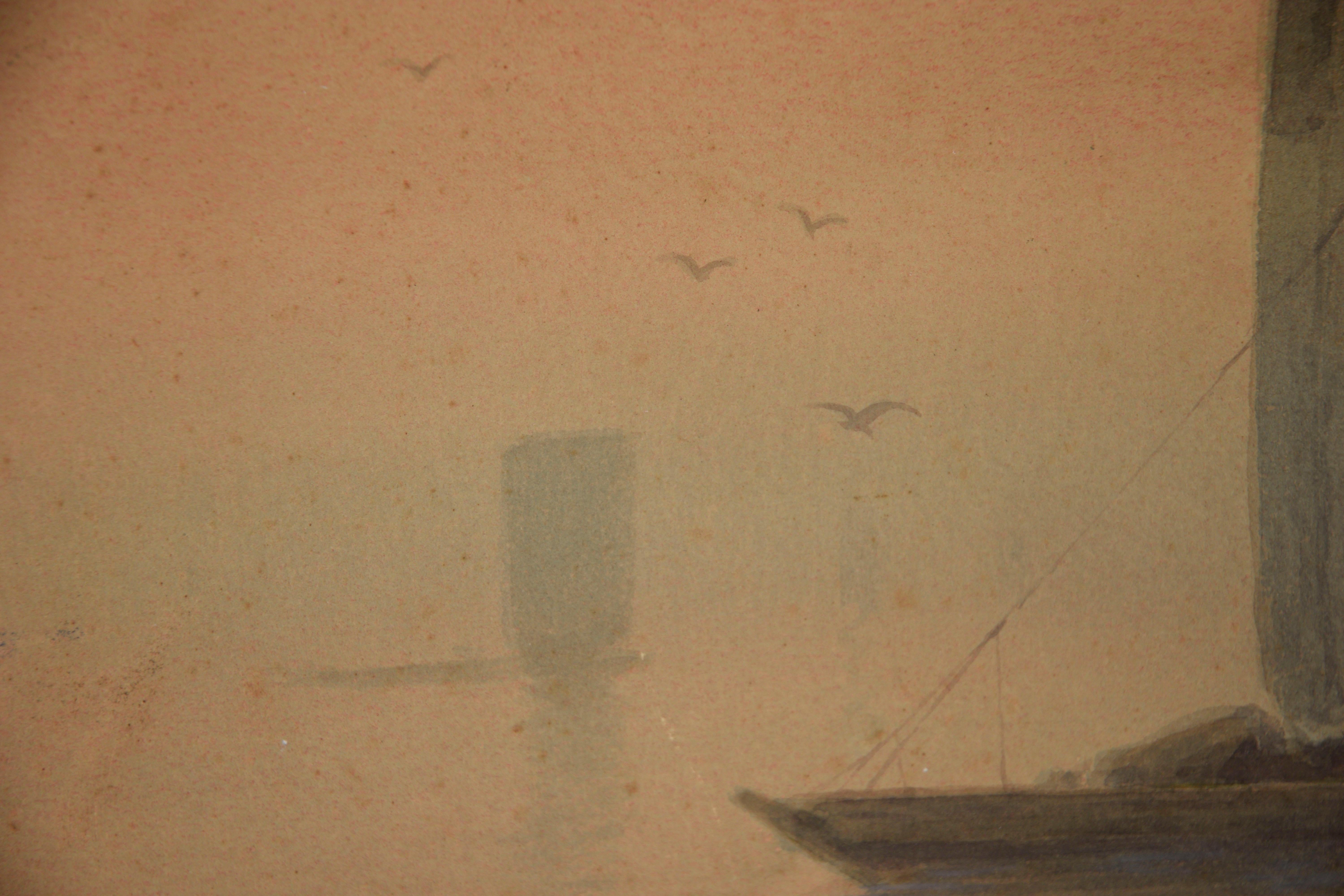 Boats at Dawn - Aquarelle et gouache originales sur carton

Peinture originale à l'aquarelle et à la gouache sur carton représentant des bateaux sur l'eau à l'aube par Kinseki Mori (japonais, 1843-1921). Des ombres de bateaux apparaissent sur l'eau