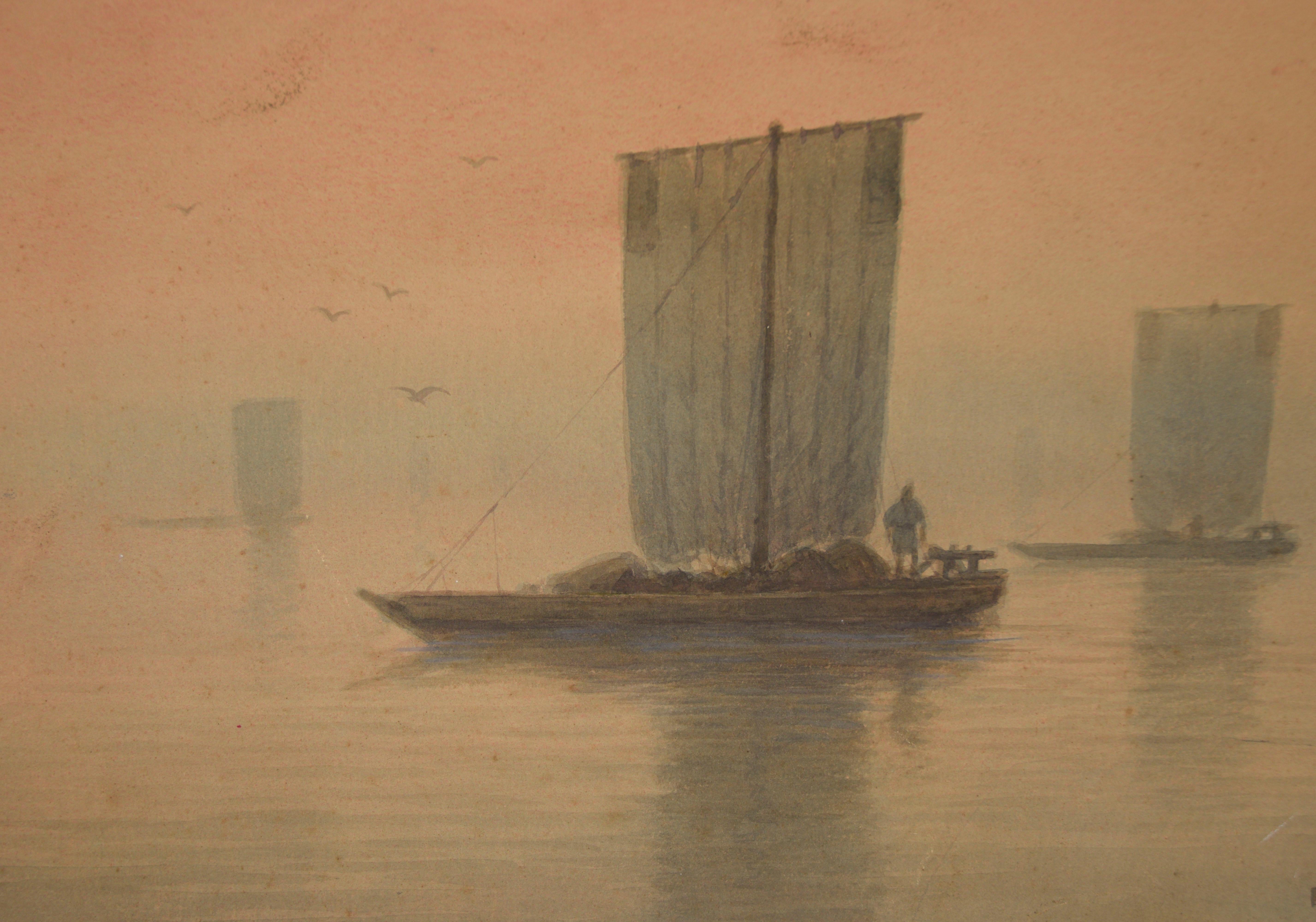 Boats at Dawn - Aquarelle et gouache originales sur carton 1