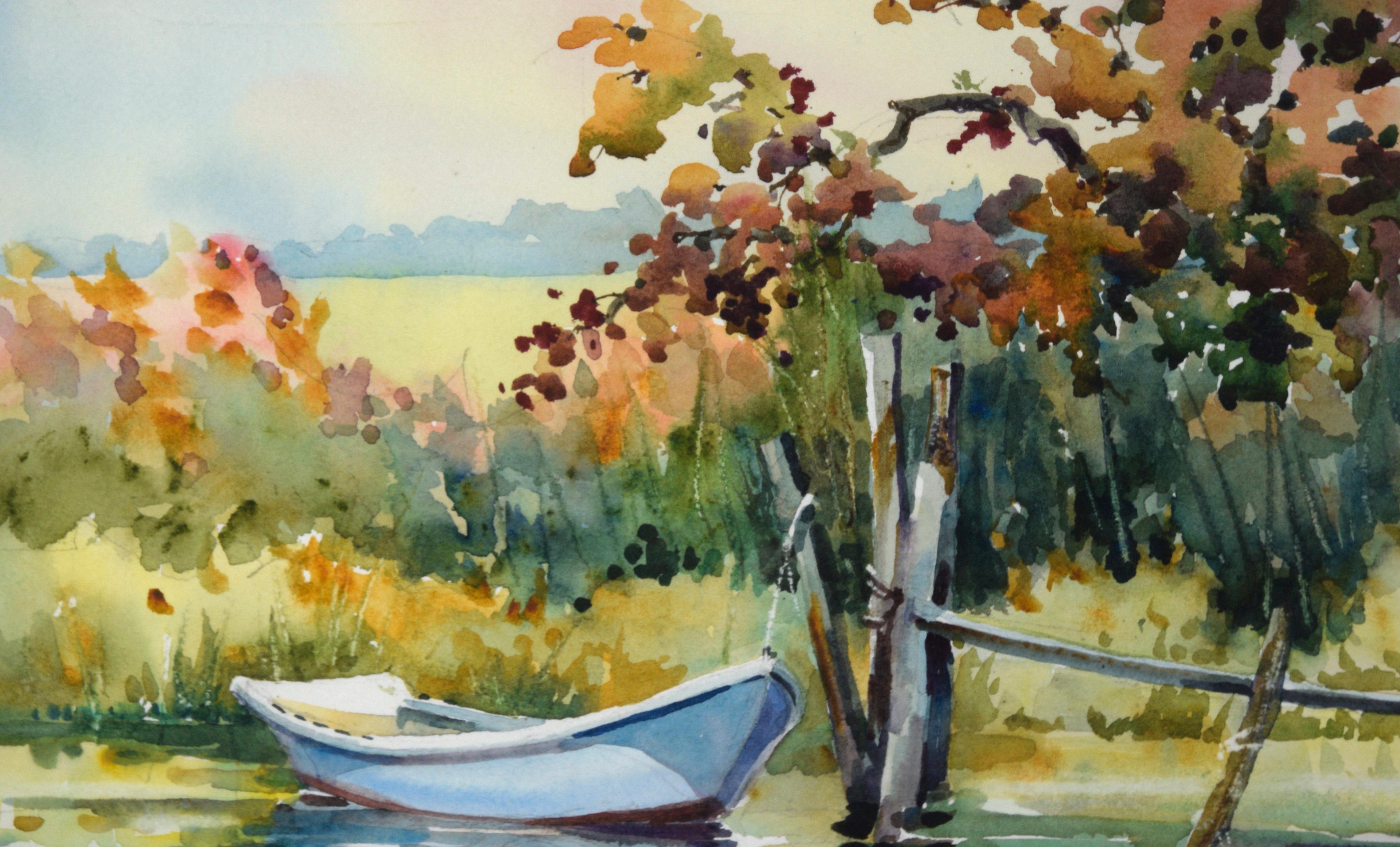 Bote de remos al borde del estanque en acuarela sobre papel - Art de Barbara Jablin
