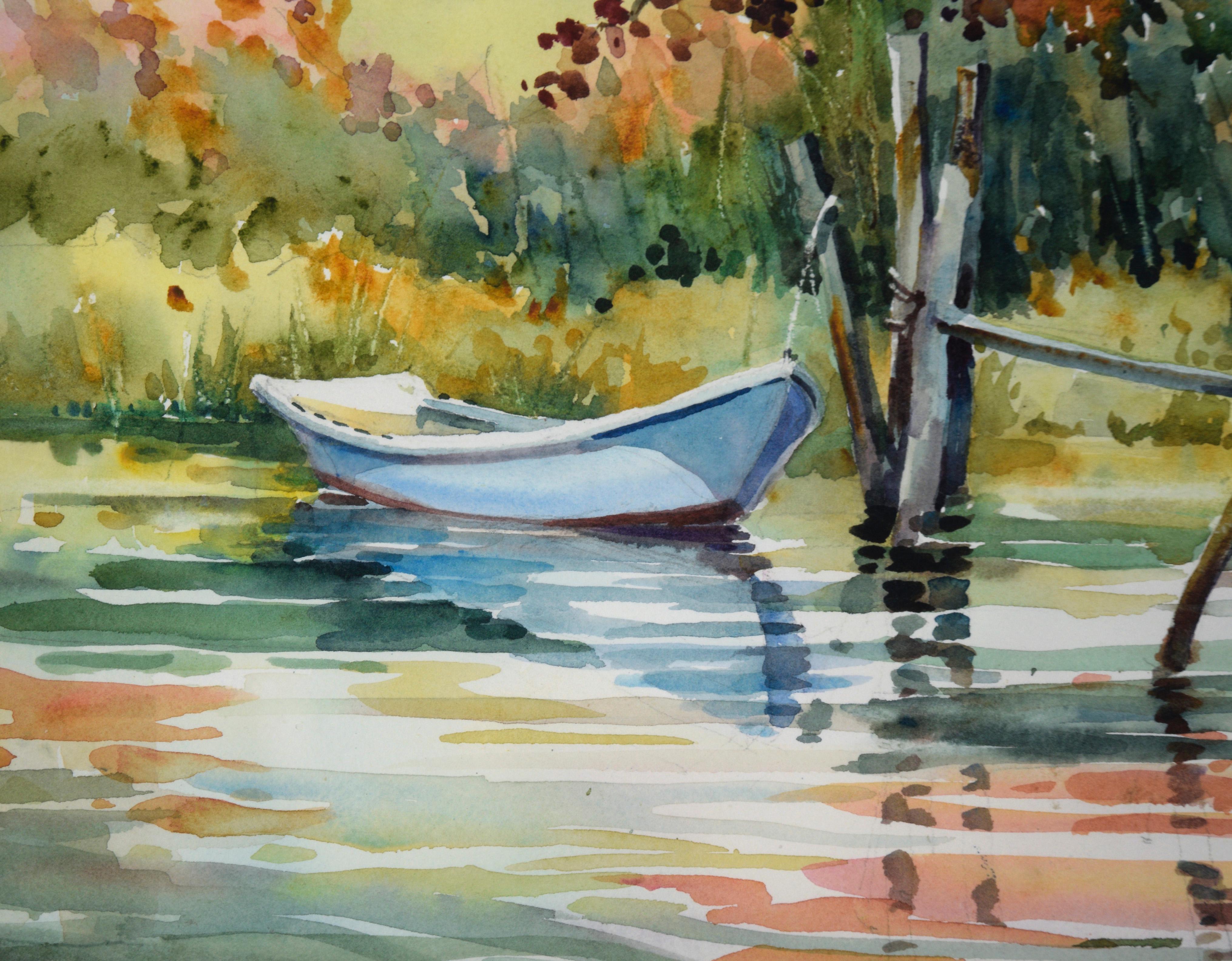 Bote de remos al borde del estanque en acuarela sobre papel - Landscape Art Beige de Barbara Jablin