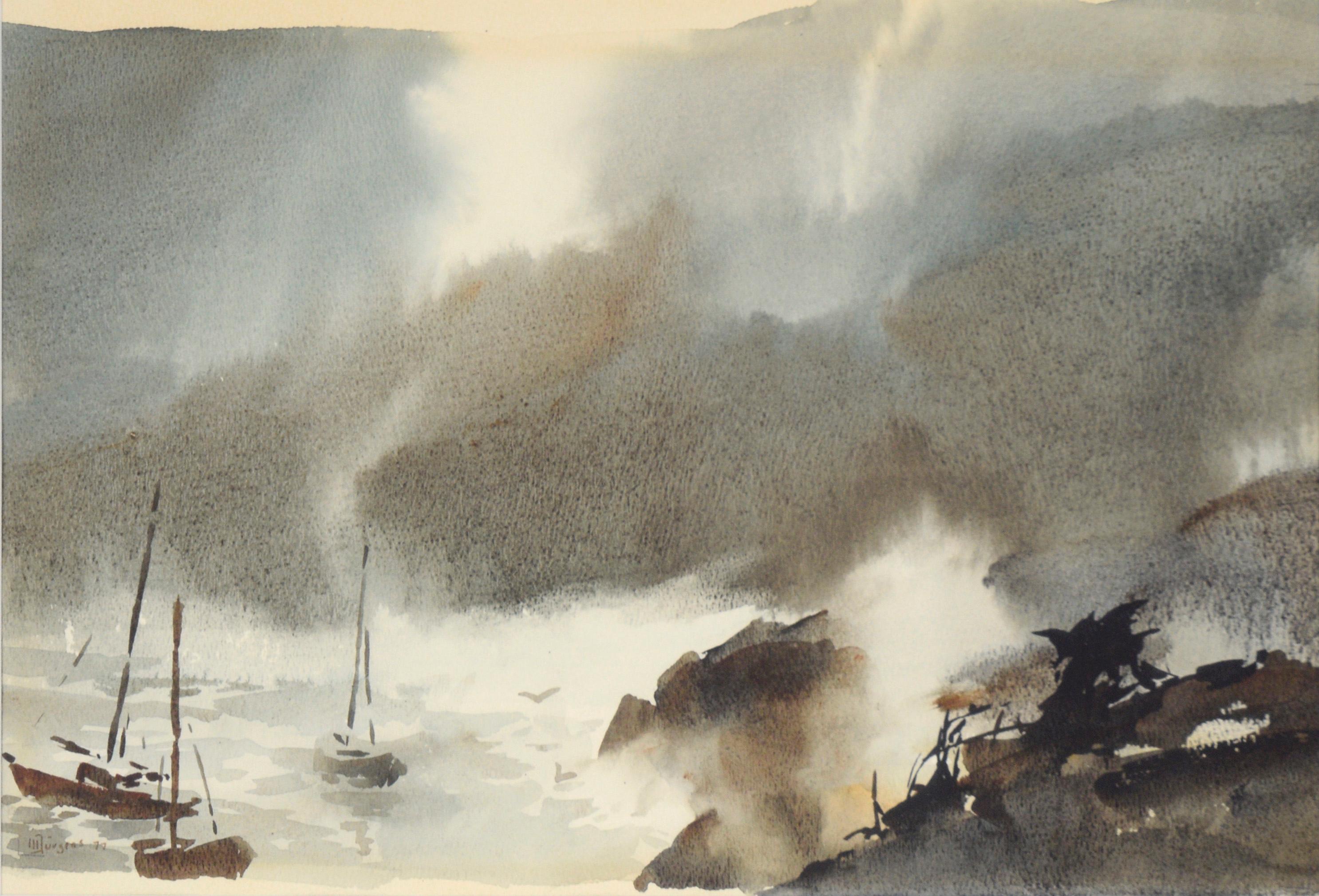 Sturmküste mit Segelbooten - Meereslandschaft in Aquarell auf schwerem Papier aus der Mitte des Jahrhunderts – Art von Werner Jurgens