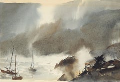 Stormy Coast with Sailboats - Mid Century Seascape in Watercolor on Heavy Paper