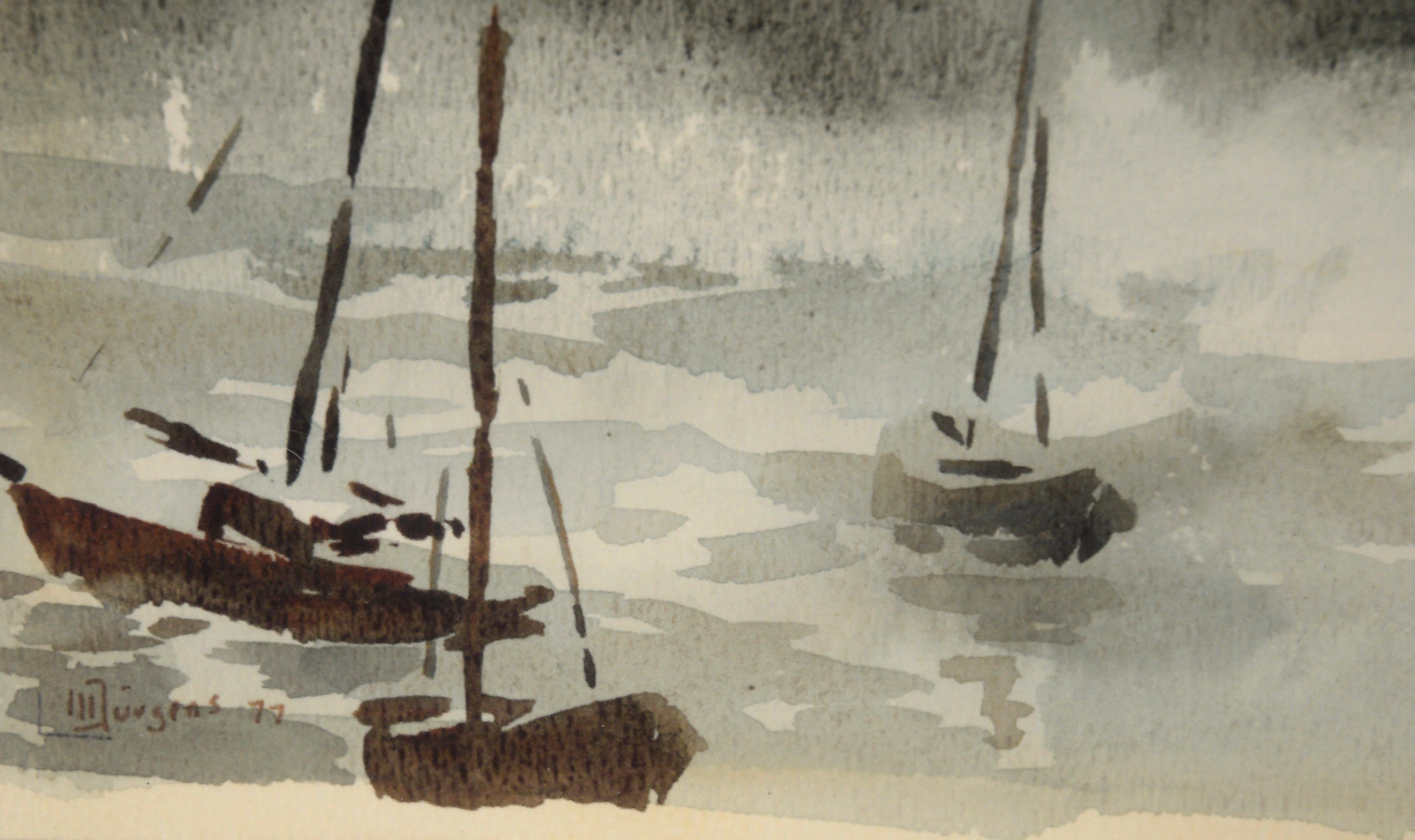 Sturmküste mit Segelbooten - Meereslandschaft in Aquarell auf schwerem Papier aus der Mitte des Jahrhunderts im Angebot 1