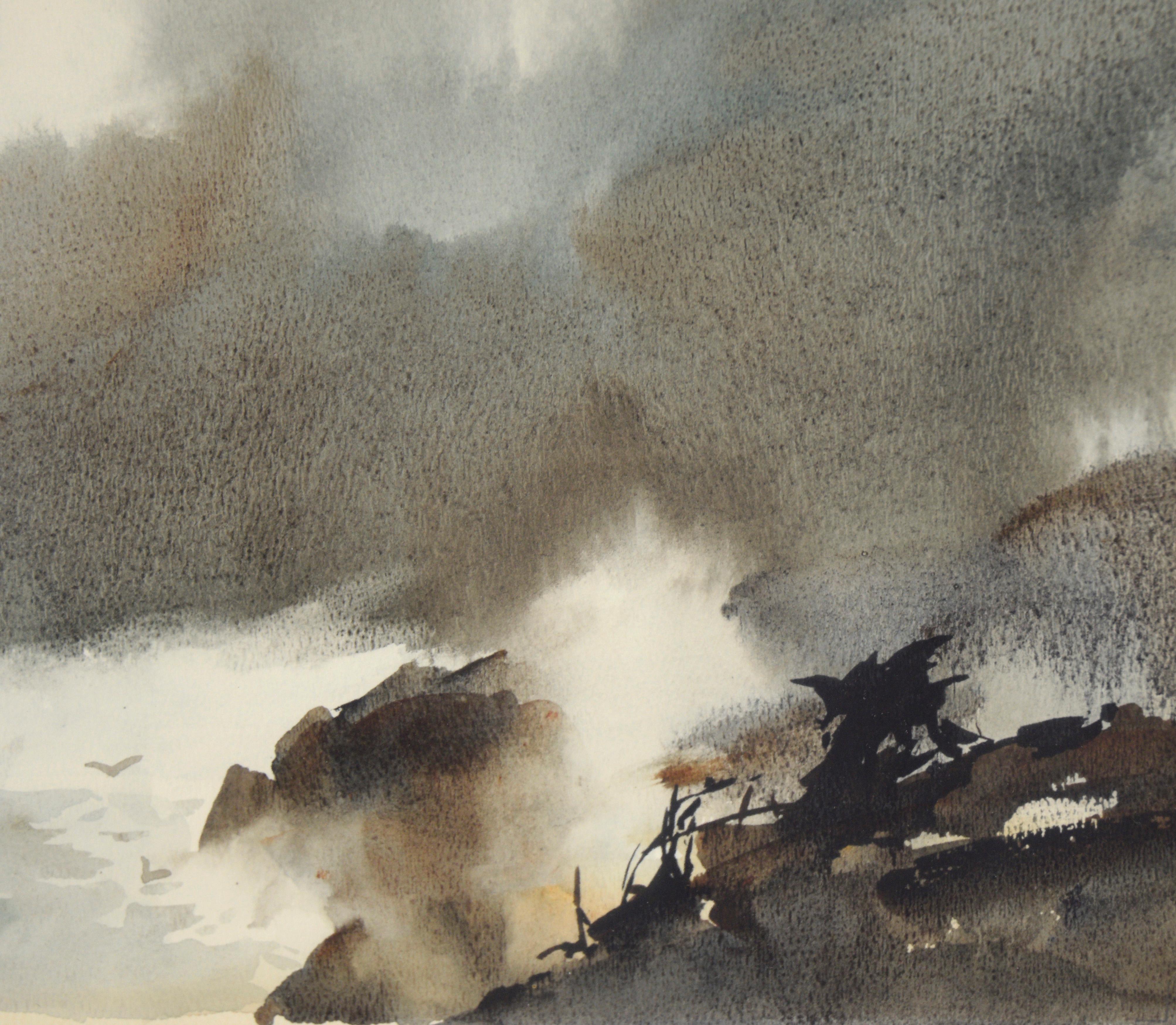 Sturmküste mit Segelbooten - Meereslandschaft in Aquarell auf schwerem Papier aus der Mitte des Jahrhunderts (Beige), Landscape Art, von Werner Jurgens