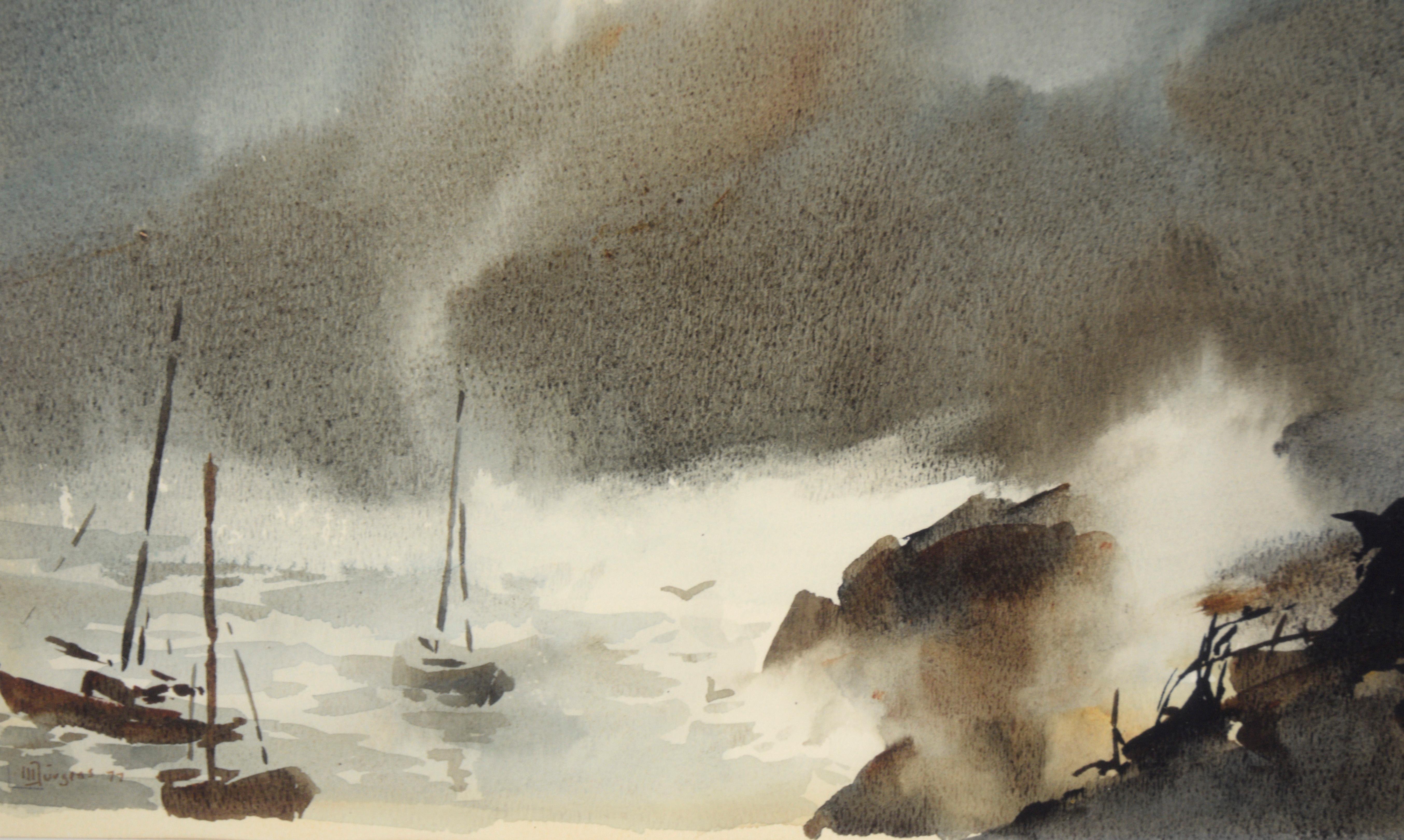 Sturmküste mit Segelbooten - Meereslandschaft in Aquarell auf schwerem Papier aus der Mitte des Jahrhunderts

Dramatische Meereslandschaft von Werner Jurgens (Deutsch-Kanadier, geb. 1936). Drei Segelboote liegen vor einer felsigen Küstenlinie vor