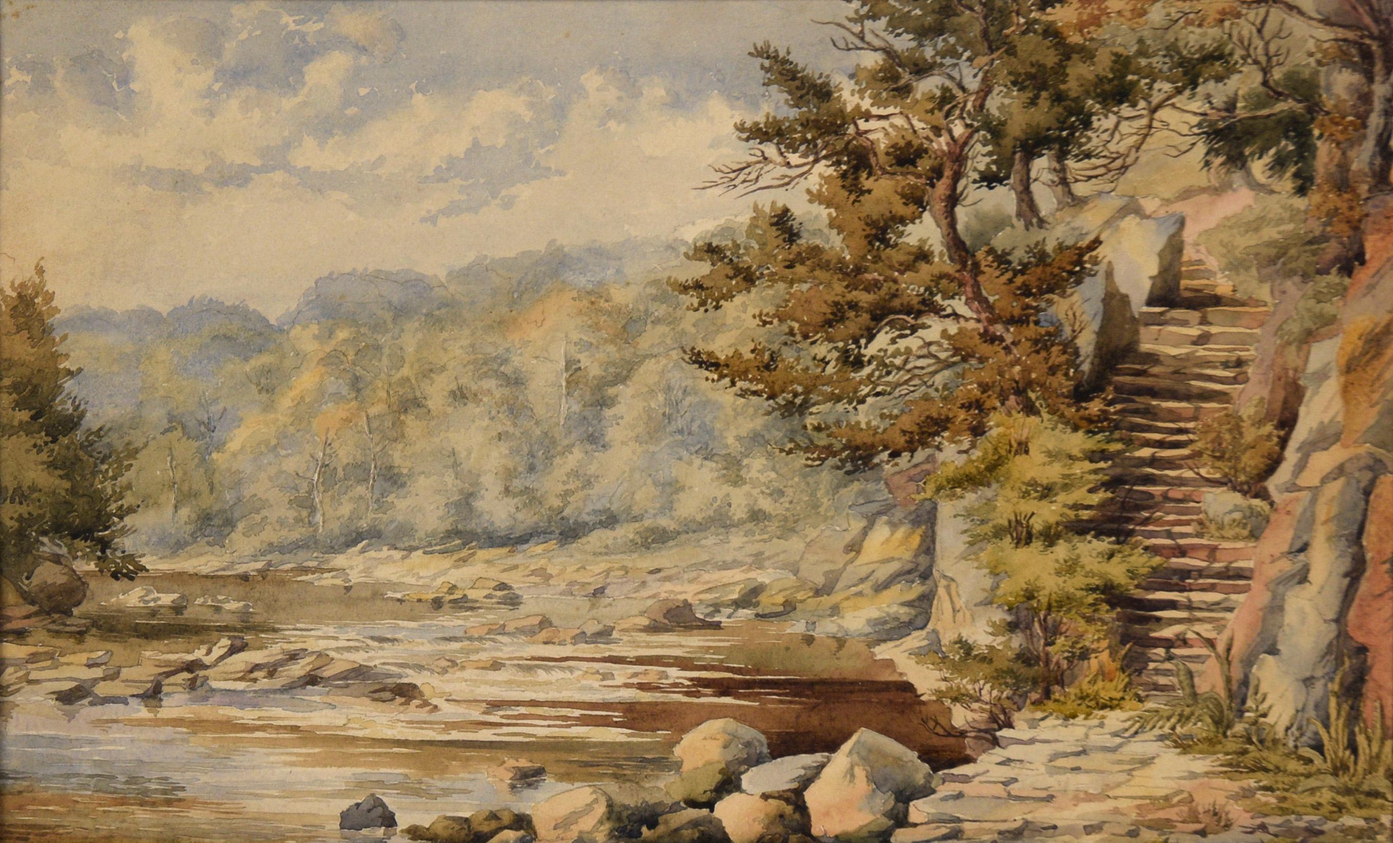 Stein-Treppen am Fluss – Aquarell auf Papier, Ende der 1800er Jahre – Art von Lucy Cooper