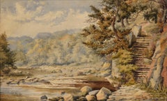 A Stone Steps by the River - Fin des années 1800 Aquarelle sur papier