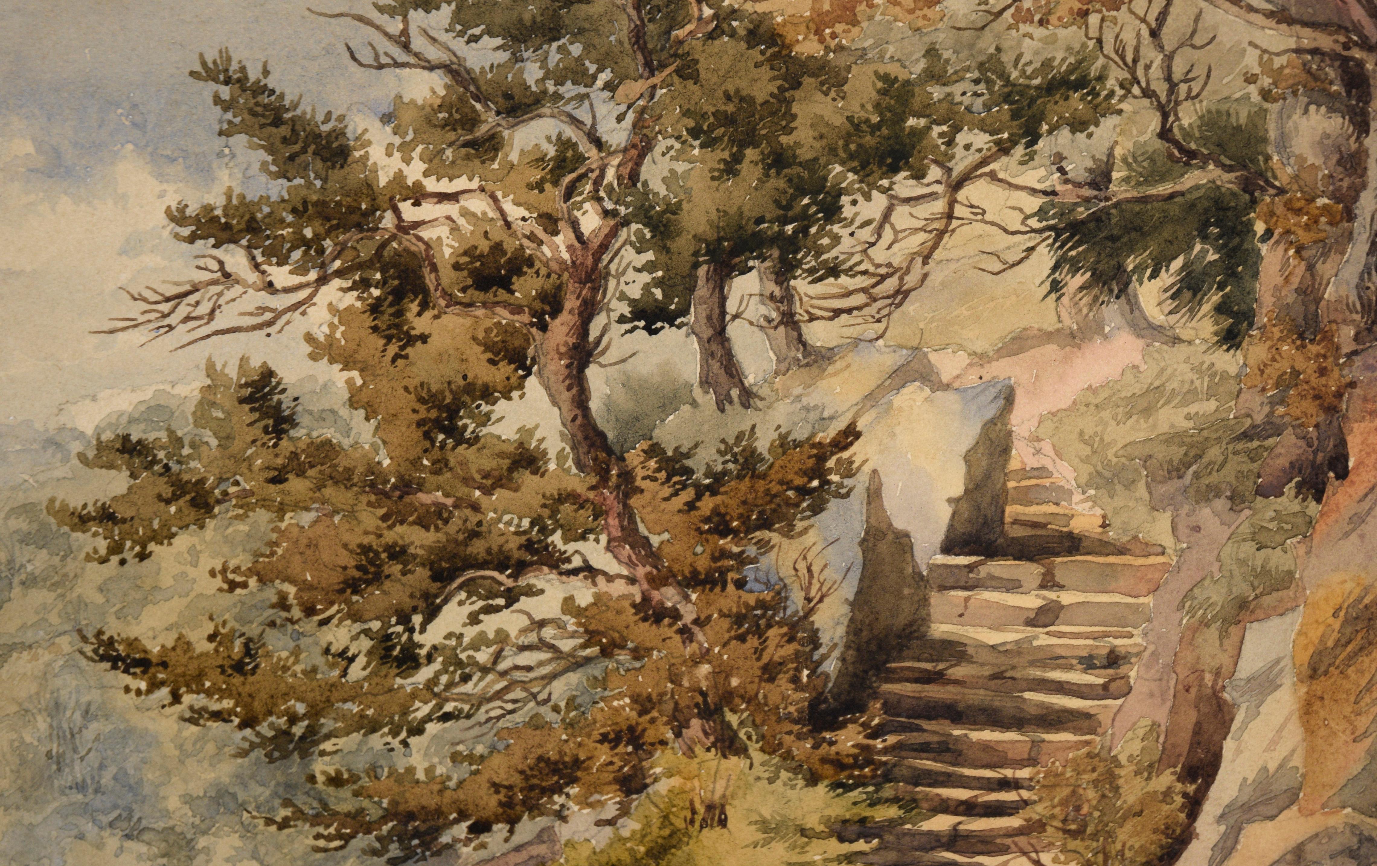 Stein-Treppen am Fluss – Aquarell auf Papier, Ende der 1800er Jahre (Beige), Landscape Art, von Lucy Cooper