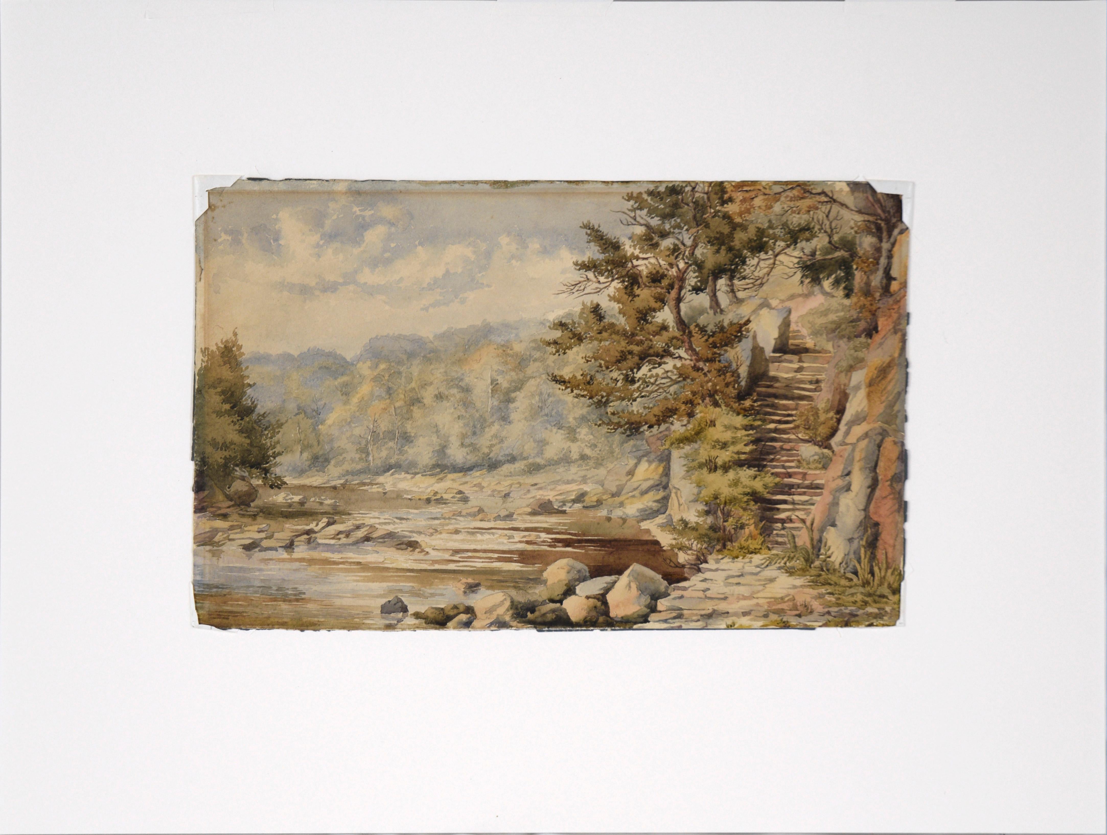 Stein-Treppen am Fluss – Aquarell auf Papier, Ende der 1800er Jahre im Angebot 2