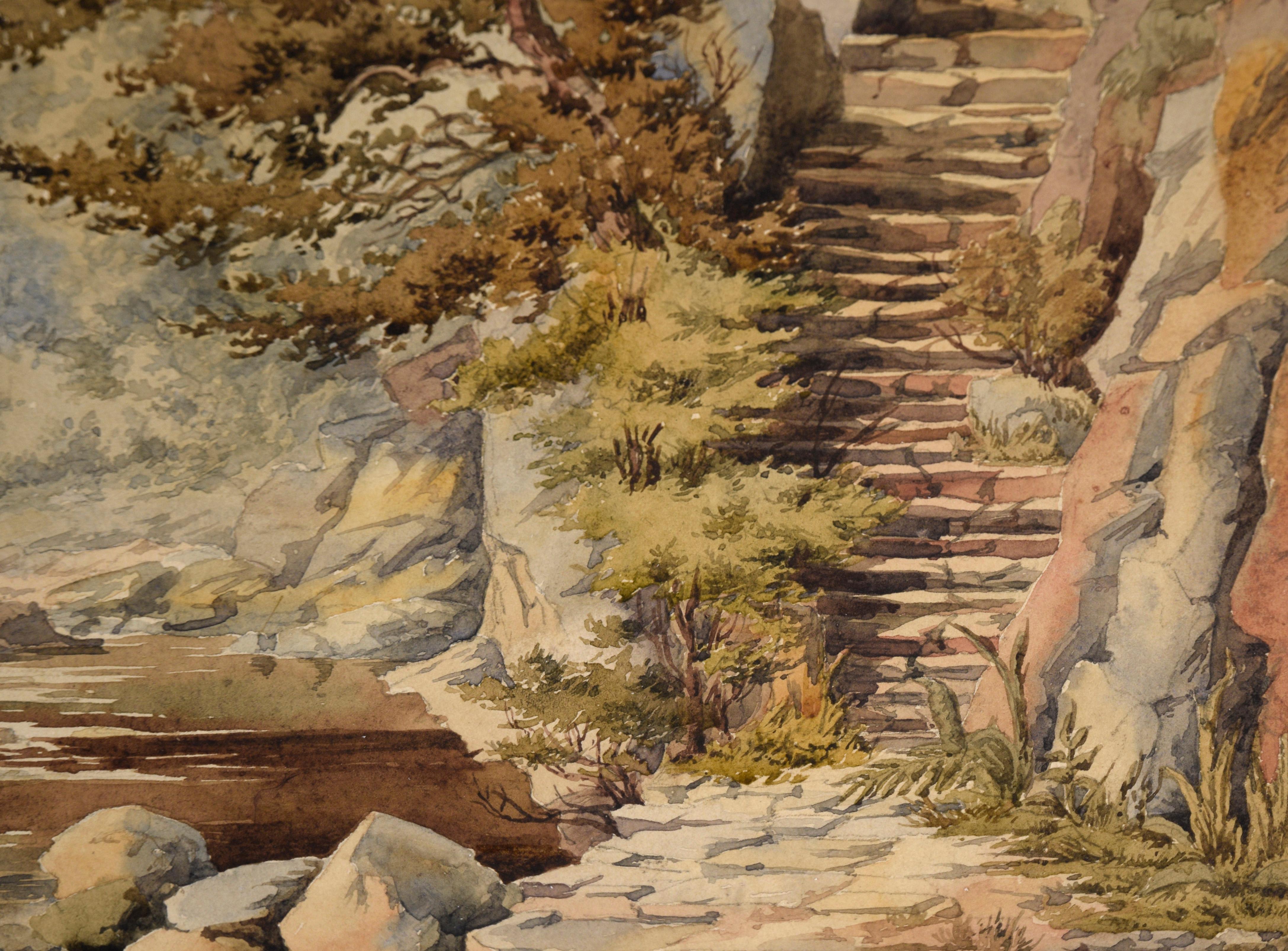 Stein-Treppen am Fluss – Aquarell auf Papier, Ende der 1800er Jahre

Dramatische und detaillierte Landschaft von Lucy Ellen Cooper (Britin, 1853-1929). Auf der rechten Seite der Komposition führt eine hohe Steintreppe zum Flussufer hinunter. Der