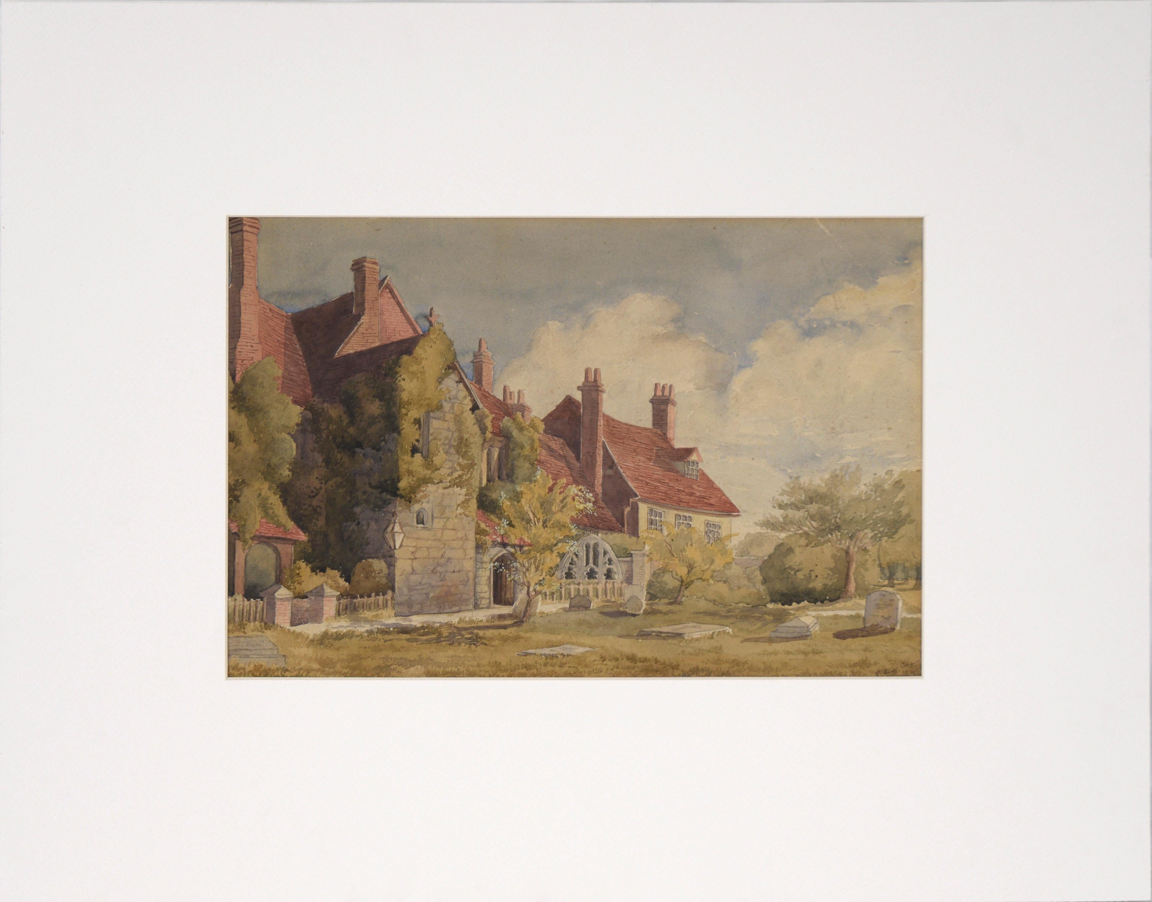 Lucy Cooper Landscape Art – Englisches Herrenhaus auf dem Friedhof – Aquarell auf Papier, Ende der 1800er Jahre