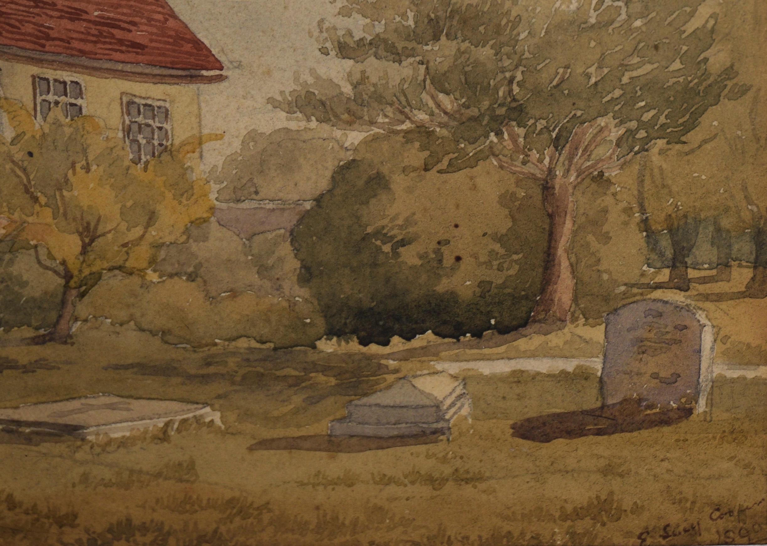 Englisches Herrenhaus auf dem Friedhof – Aquarell auf Papier, Ende der 1800er Jahre im Angebot 1