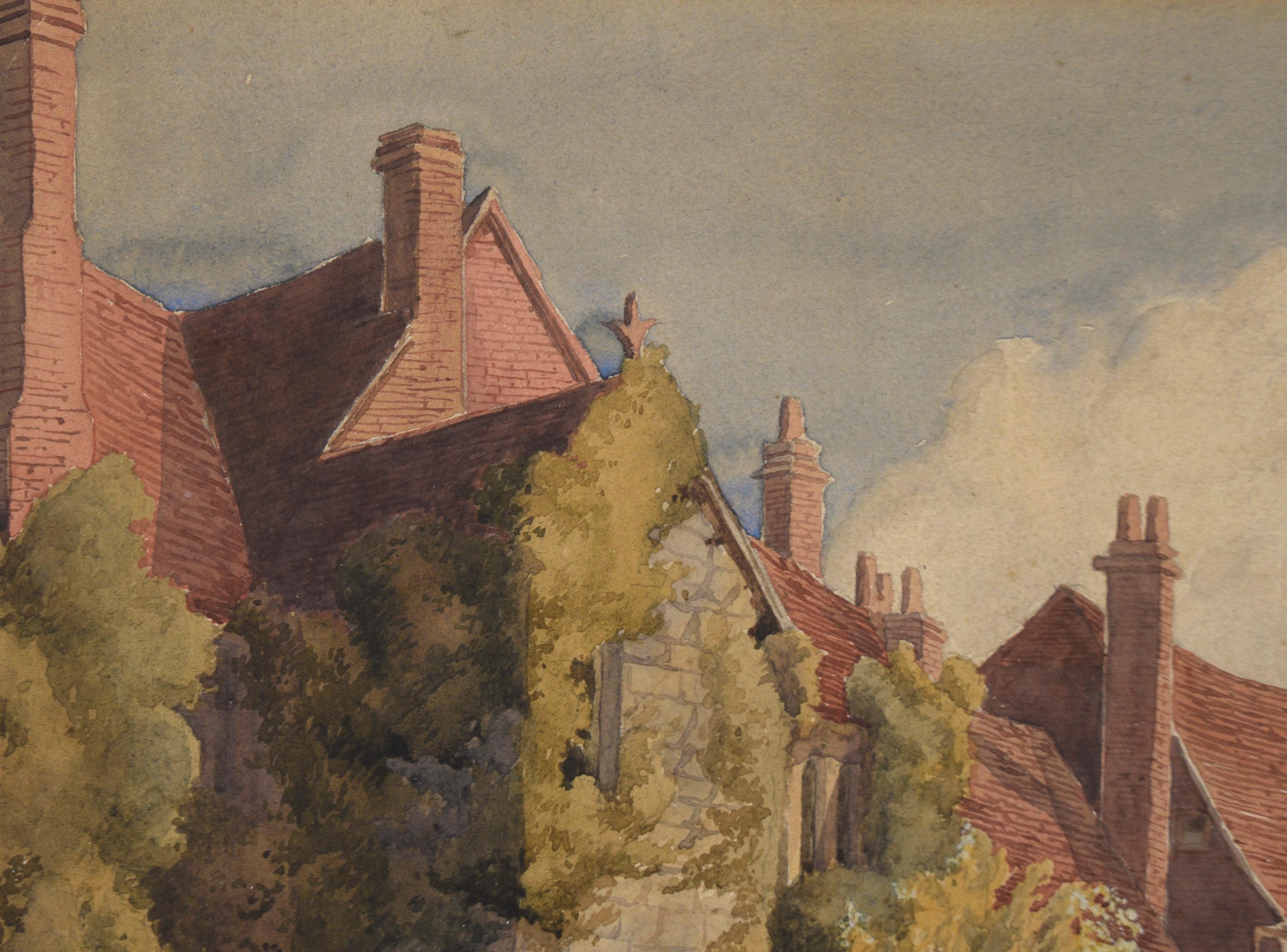 Englisches Herrenhaus auf dem Friedhof – Aquarell auf Papier, Ende der 1800er Jahre (Akademisch), Art, von Lucy Cooper