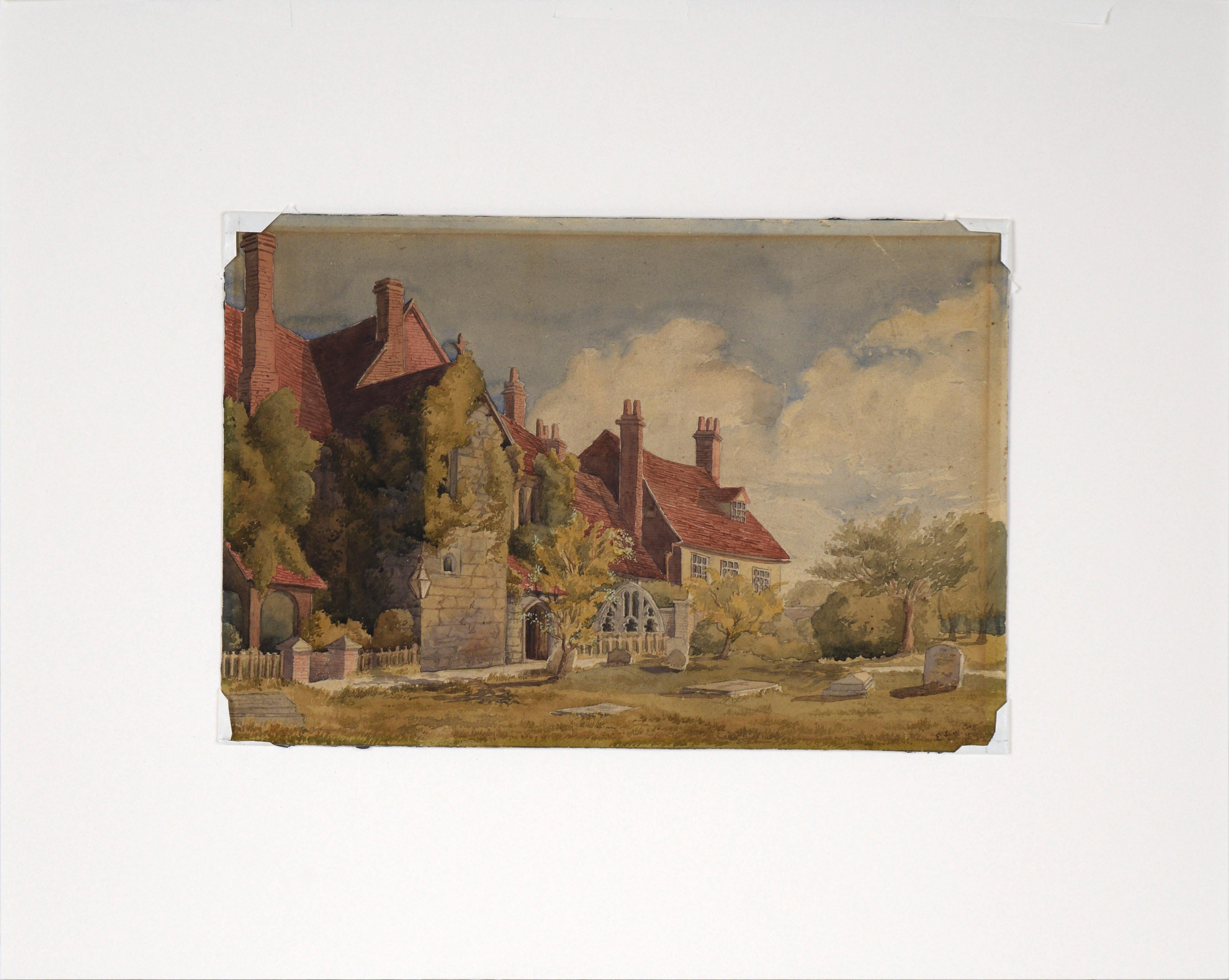 Englisches Herrenhaus auf dem Friedhof – Aquarell auf Papier, Ende der 1800er Jahre im Angebot 2
