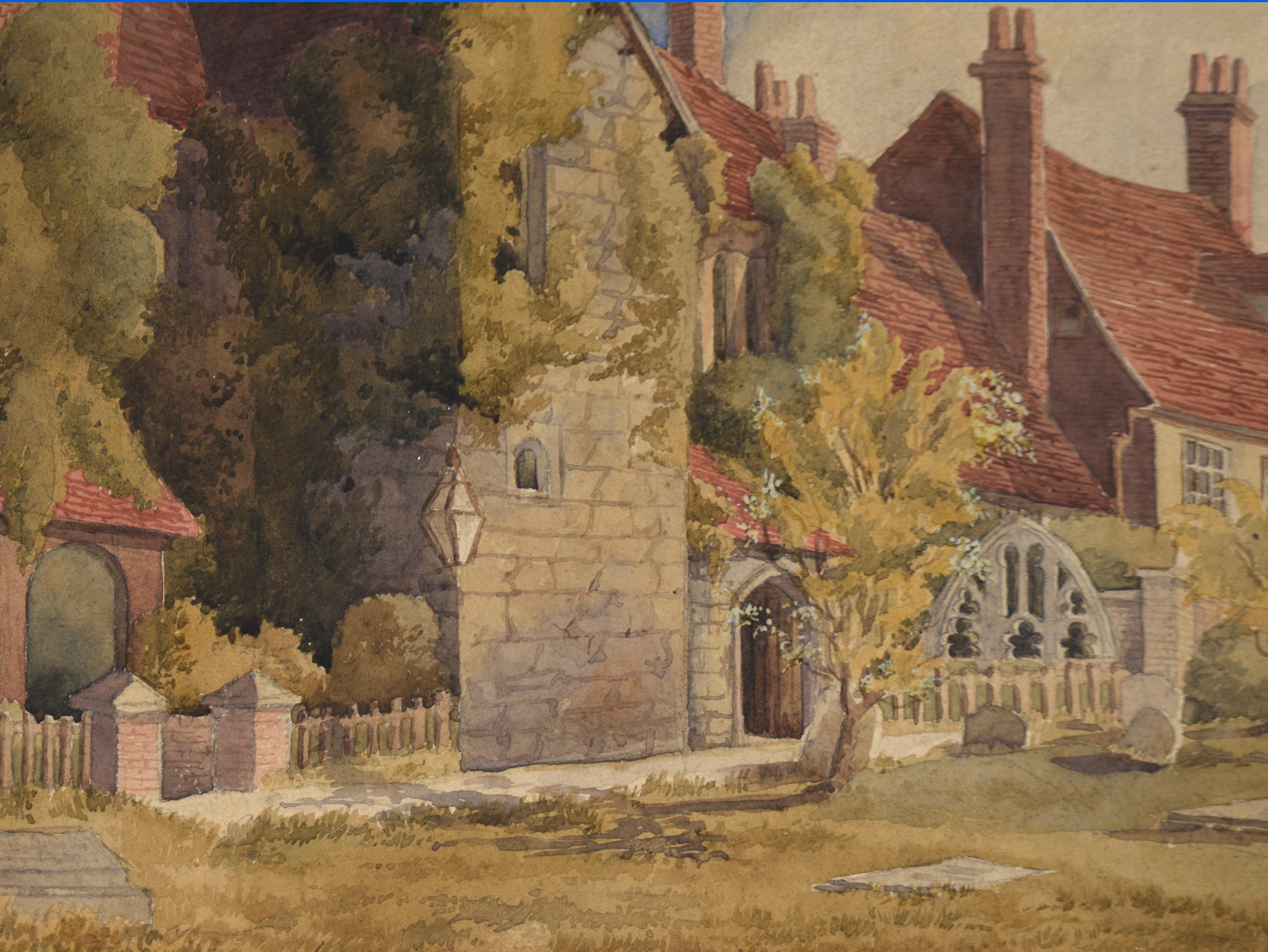 Englisches Herrenhaus auf dem Friedhof – Aquarell auf Papier, Ende der 1800er Jahre (Grau), Landscape Art, von Lucy Cooper