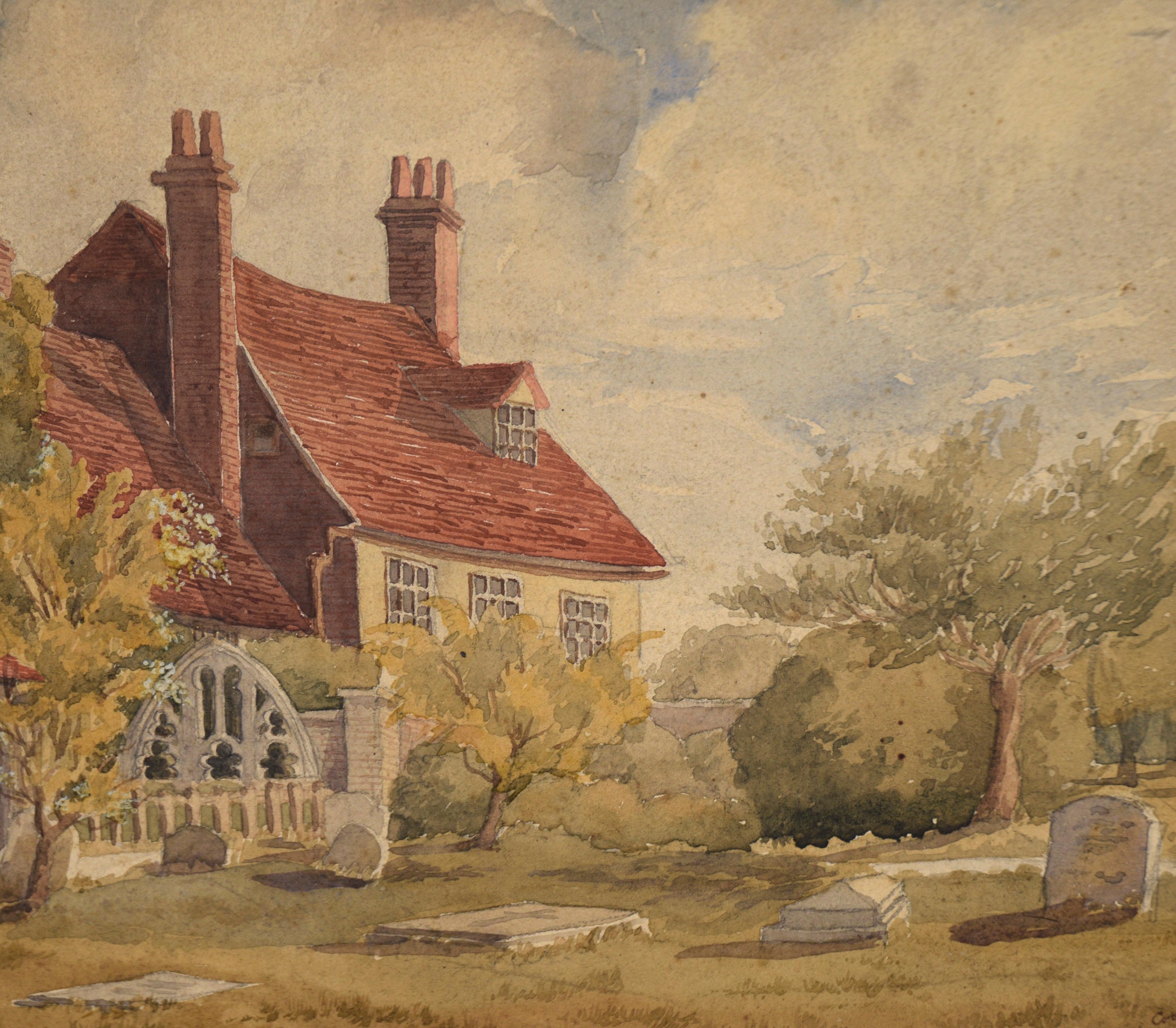 Englisches Herrenhaus auf dem Friedhof – Aquarell auf Papier, Ende der 1800er Jahre

Dramatische und detaillierte Landschaft von Lucy Cooper (Britin, 1853-1929). Links ist ein großes Haus mit einem roten Dach und zwei Schornsteinen zu sehen. Im