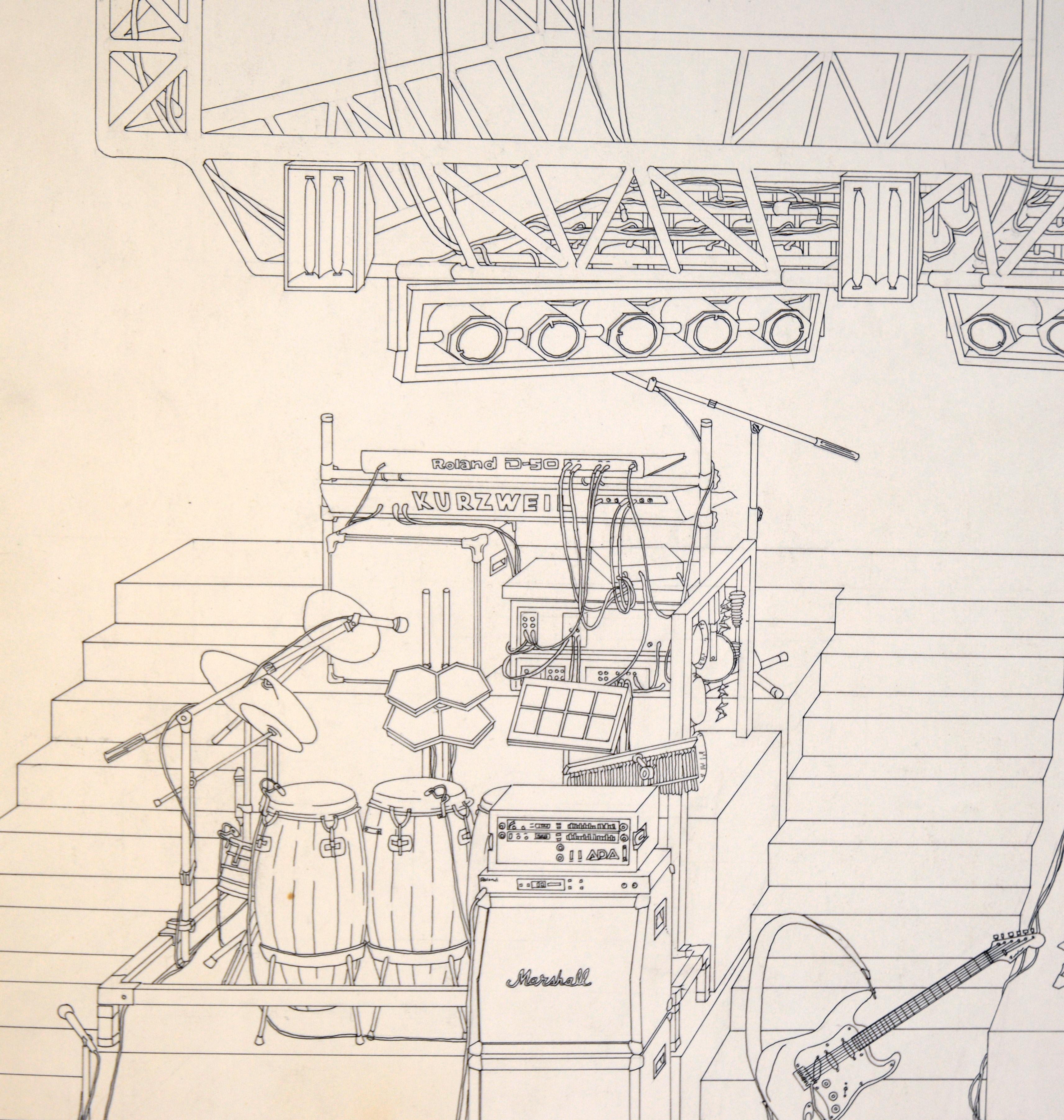 Montaje del concierto en directo de Paul Simon - Dibujo técnico a bolígrafo sobre cartulina gruesa - Art moderno estadounidense de Unknown