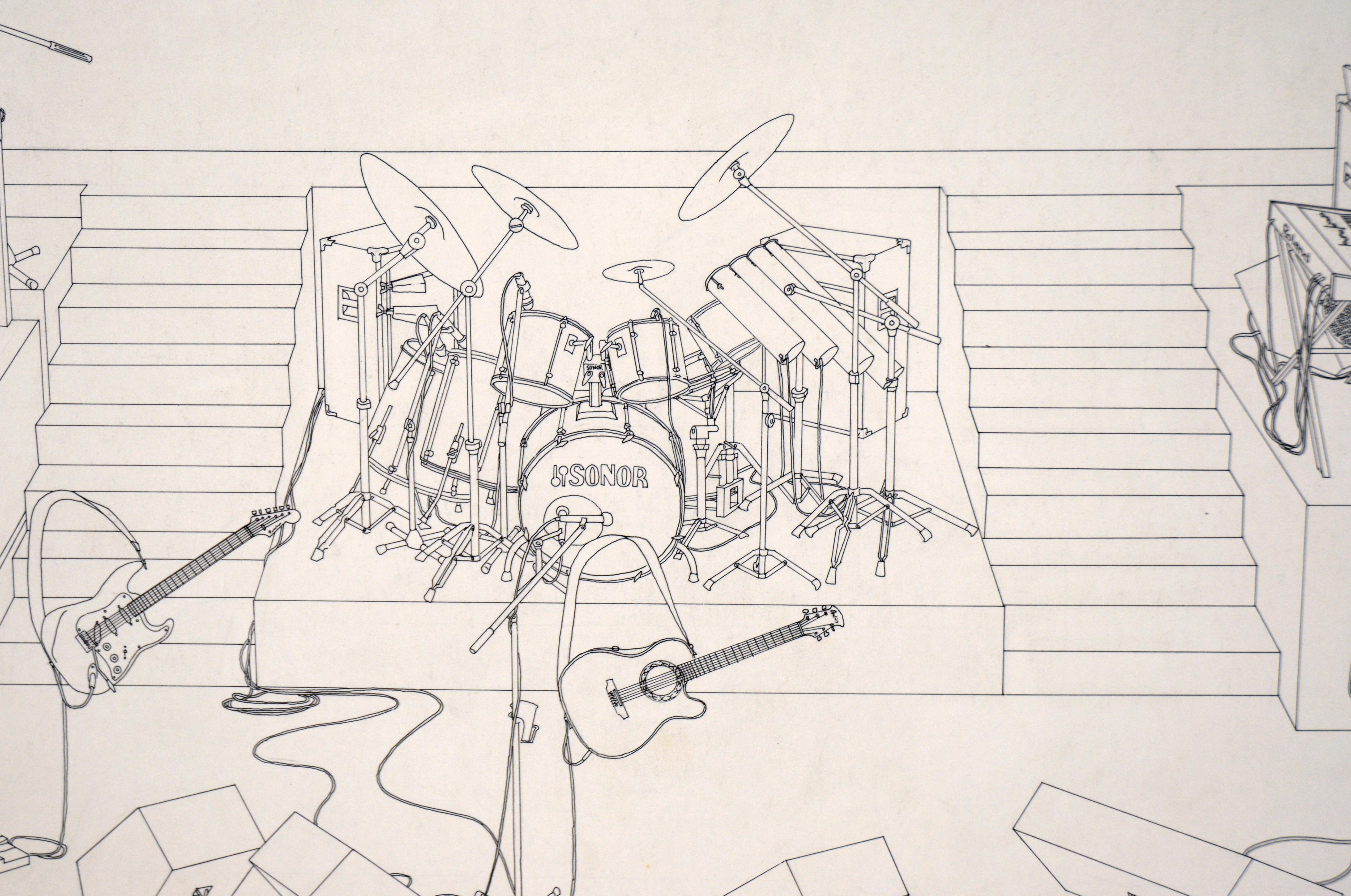 Montaje del concierto en directo de Paul Simon - Dibujo técnico a bolígrafo sobre cartulina gruesa

Dibujo detallado y preciso del equipo musical para un concierto en directo. Los instrumentos y el equipo se representan como dibujos lineales,