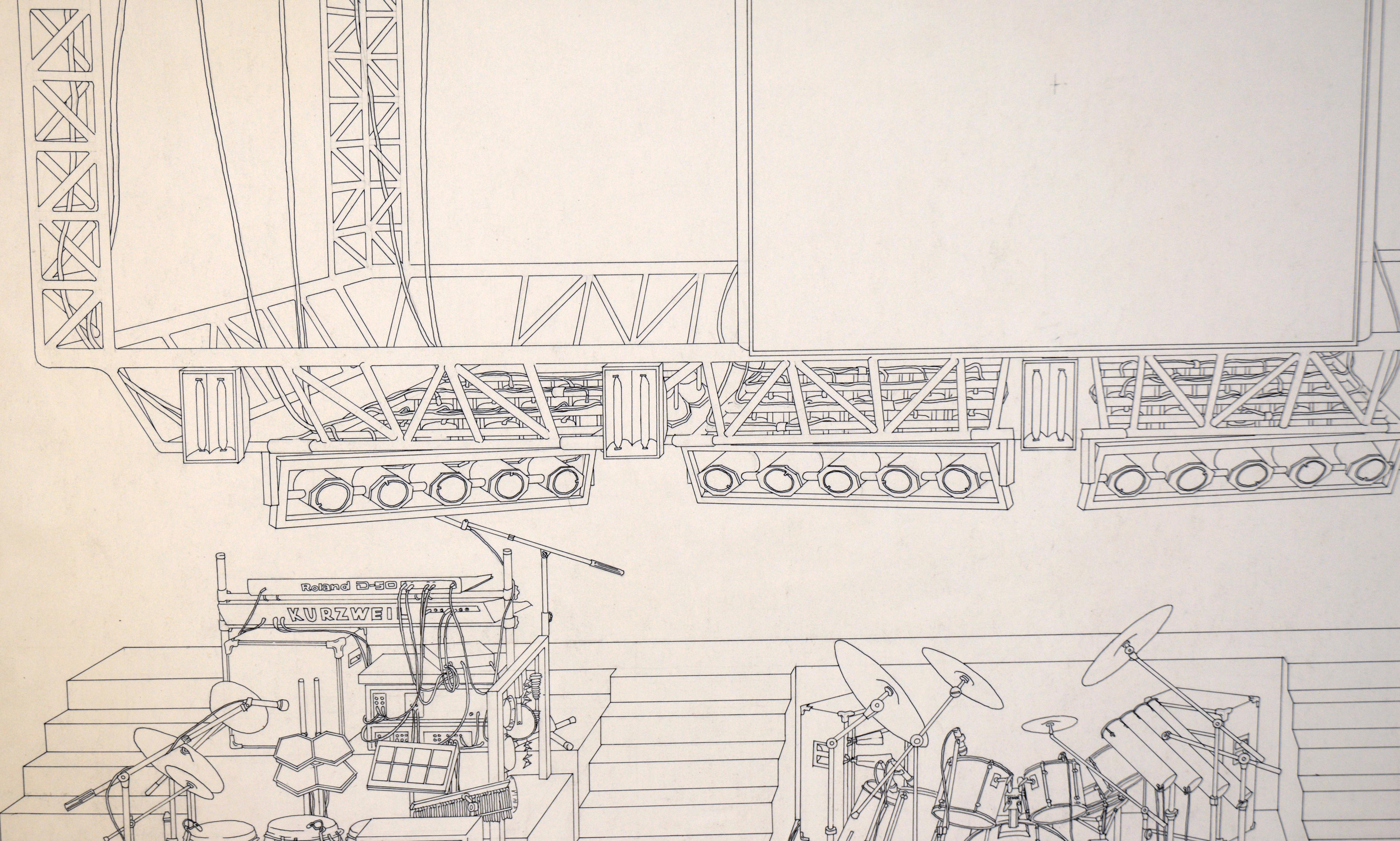Montaje del concierto en directo de Paul Simon - Dibujo técnico a bolígrafo sobre cartulina gruesa en venta 3