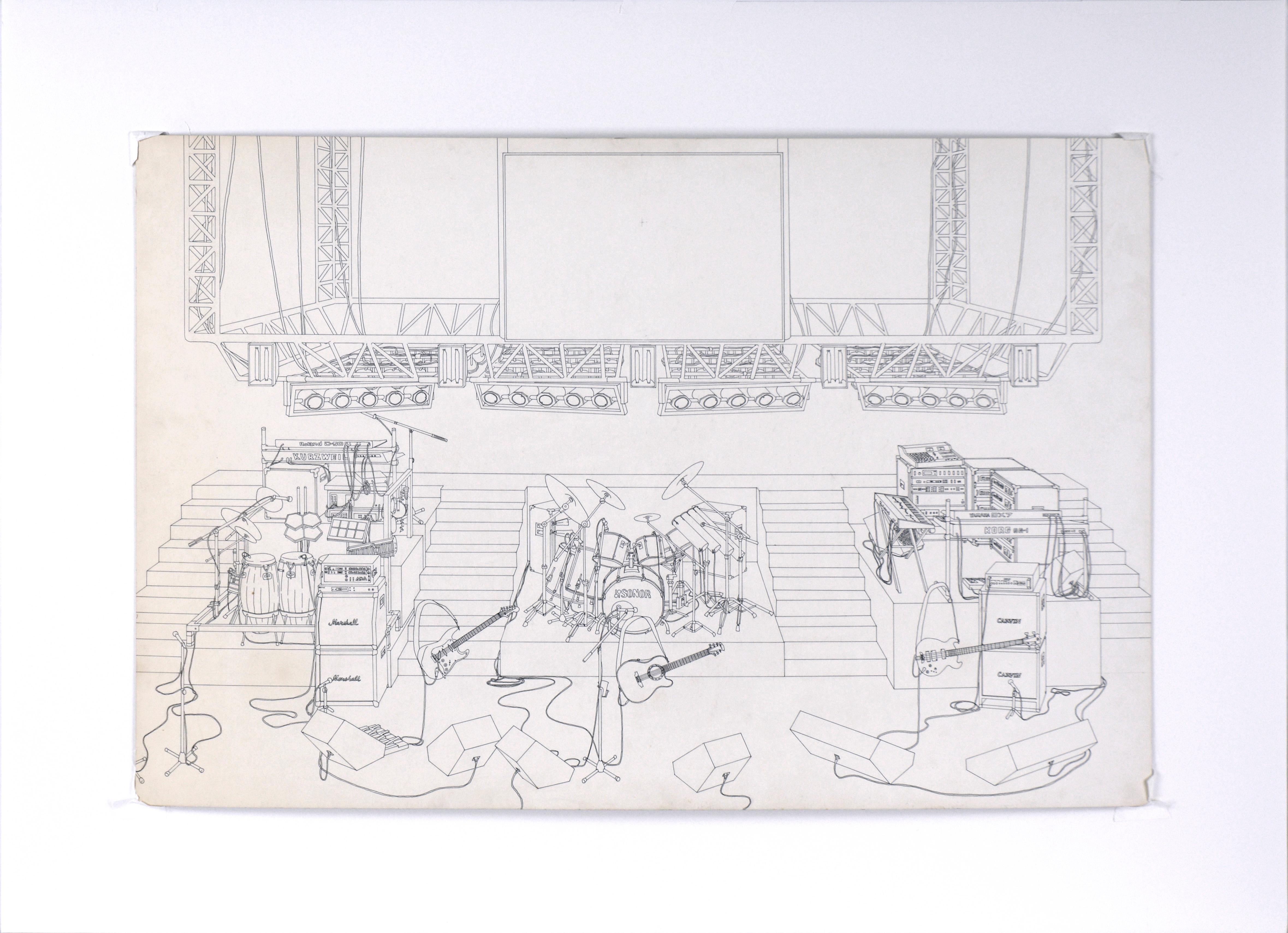Montaje del concierto en directo de Paul Simon - Dibujo técnico a bolígrafo sobre cartulina gruesa en venta 4