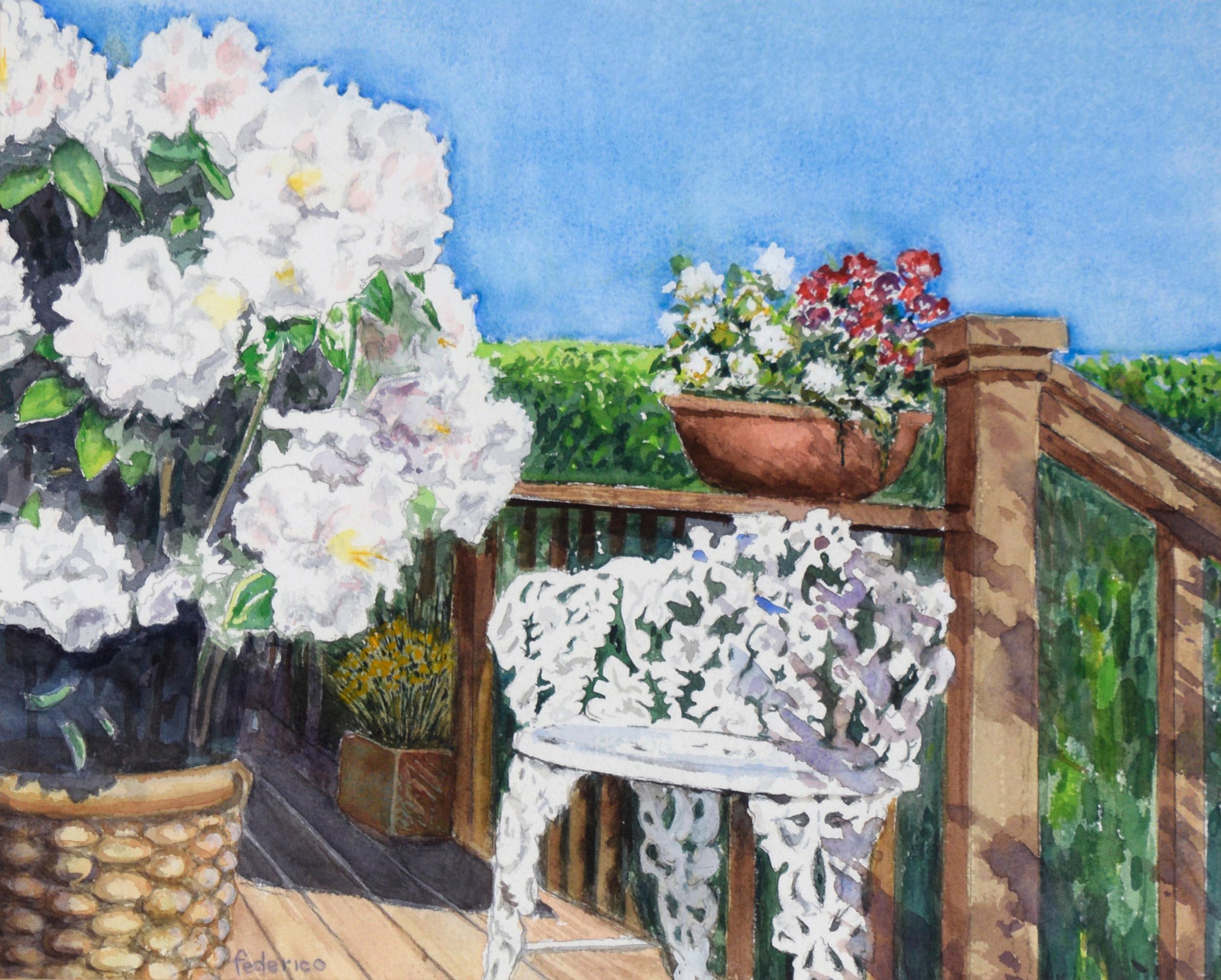 Porche arrière - Paysage californien de Santa Cruz en aquarelle sur papier - Art de Harry Federico