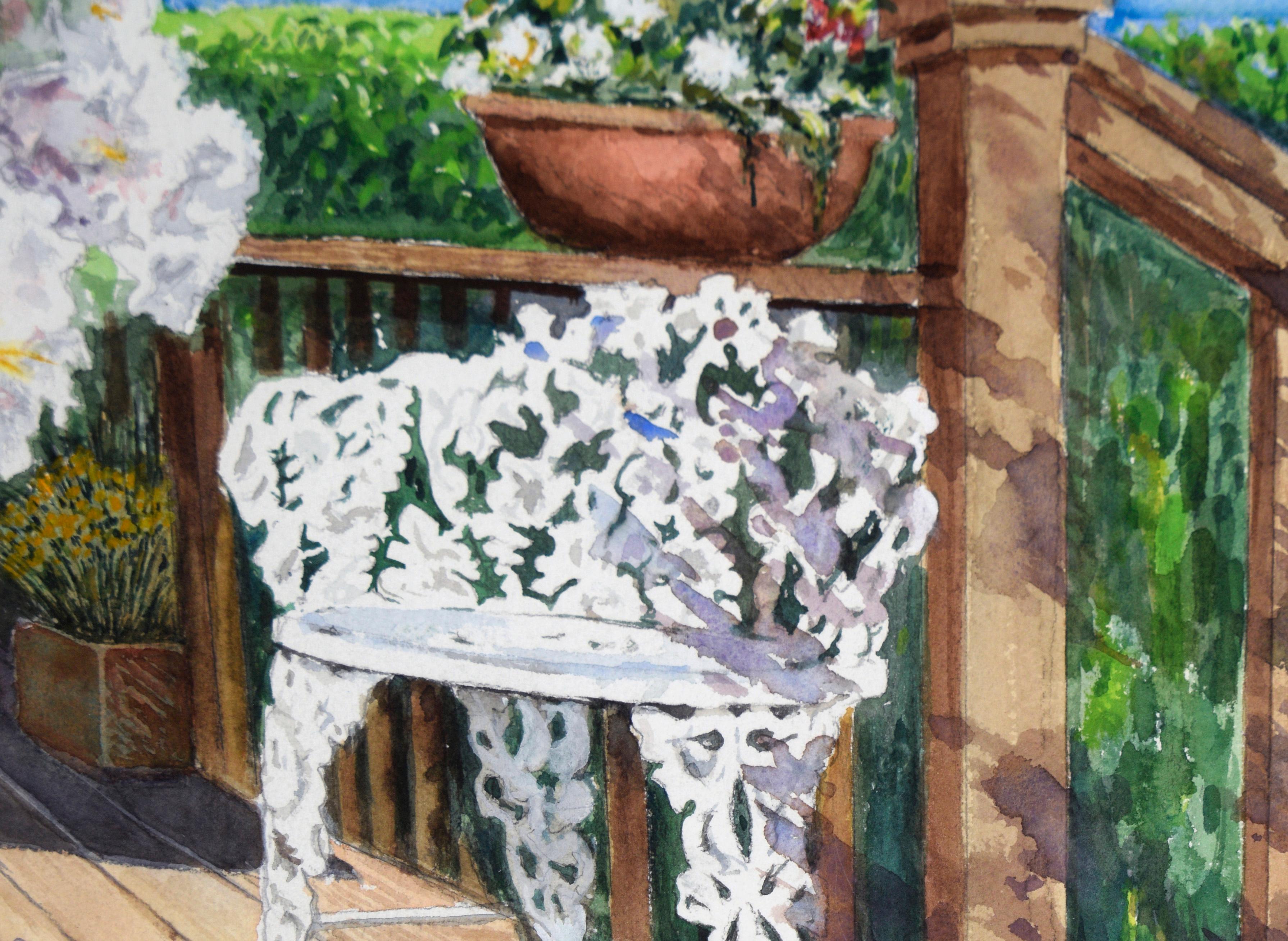 Porche arrière - Paysage californien de Santa Cruz en aquarelle sur papier

Nature morte et paysage détaillés de Harry Federico (américain, 1922-2022). Plusieurs plantes en pot sont posées sur un porche avec une chaise blanche en fer forgé. Au-delà
